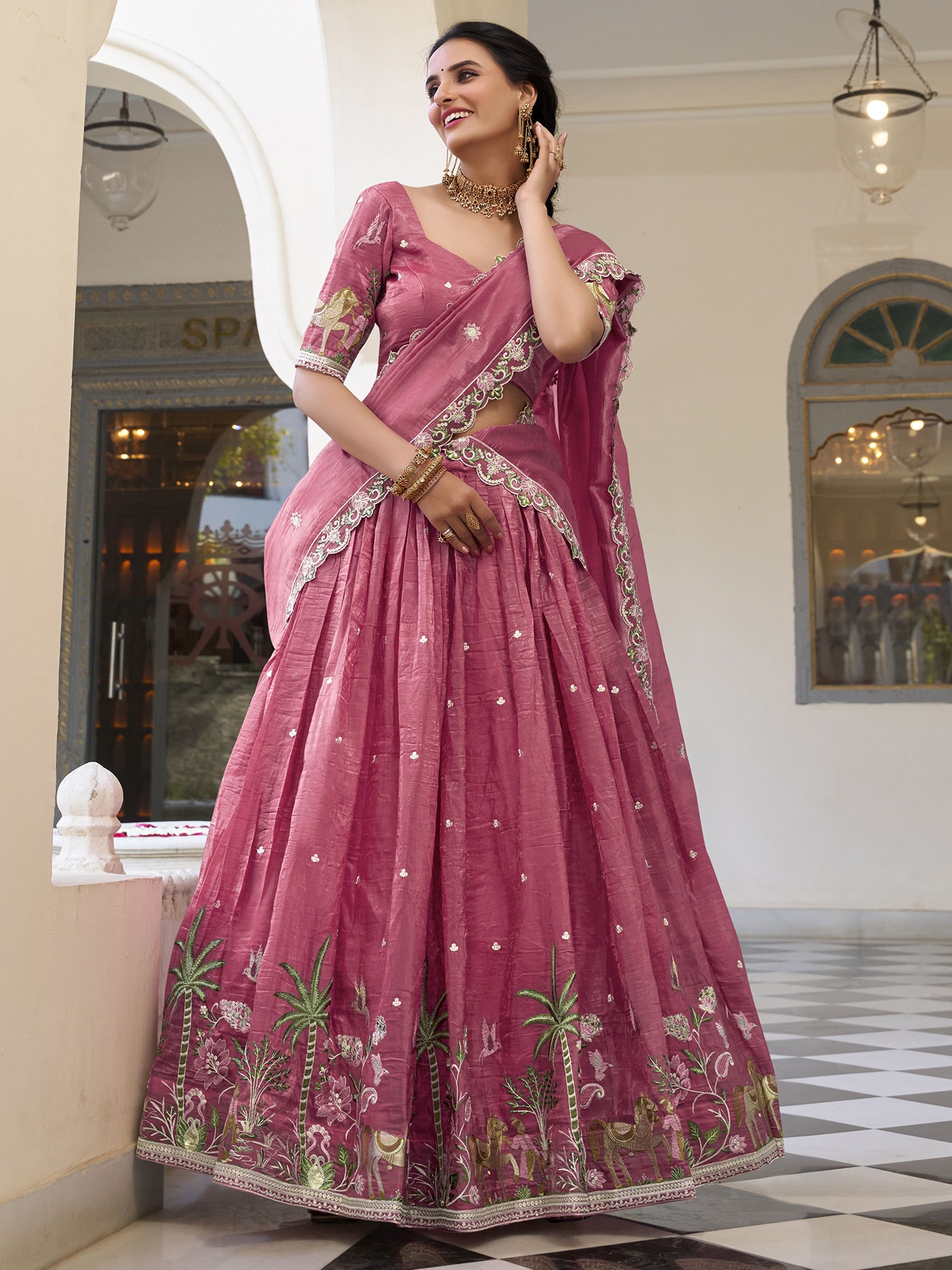 Pink gold crush sequins thread embroidery work lehenga choli