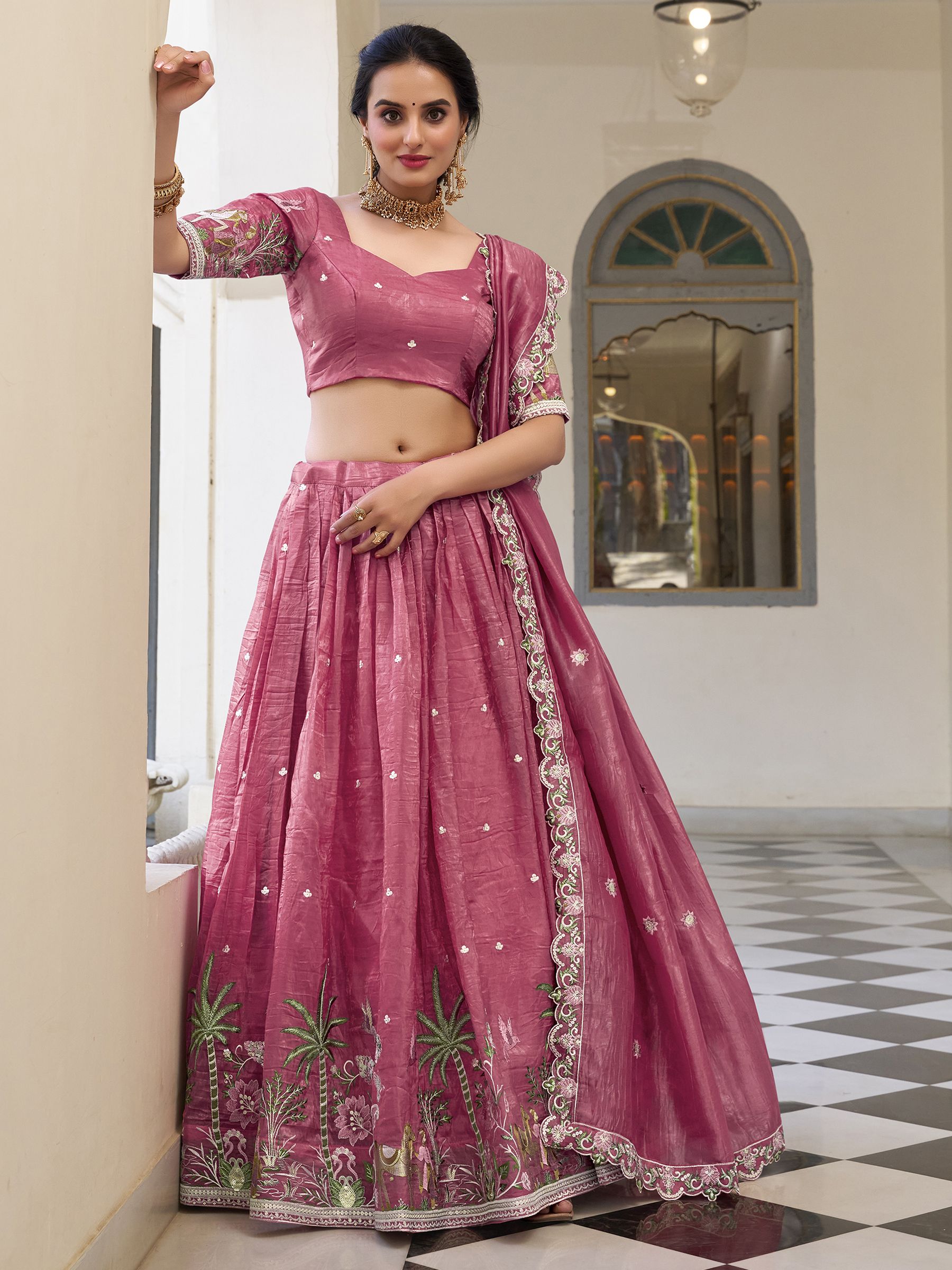 Pink gold crush sequins thread embroidery work lehenga choli