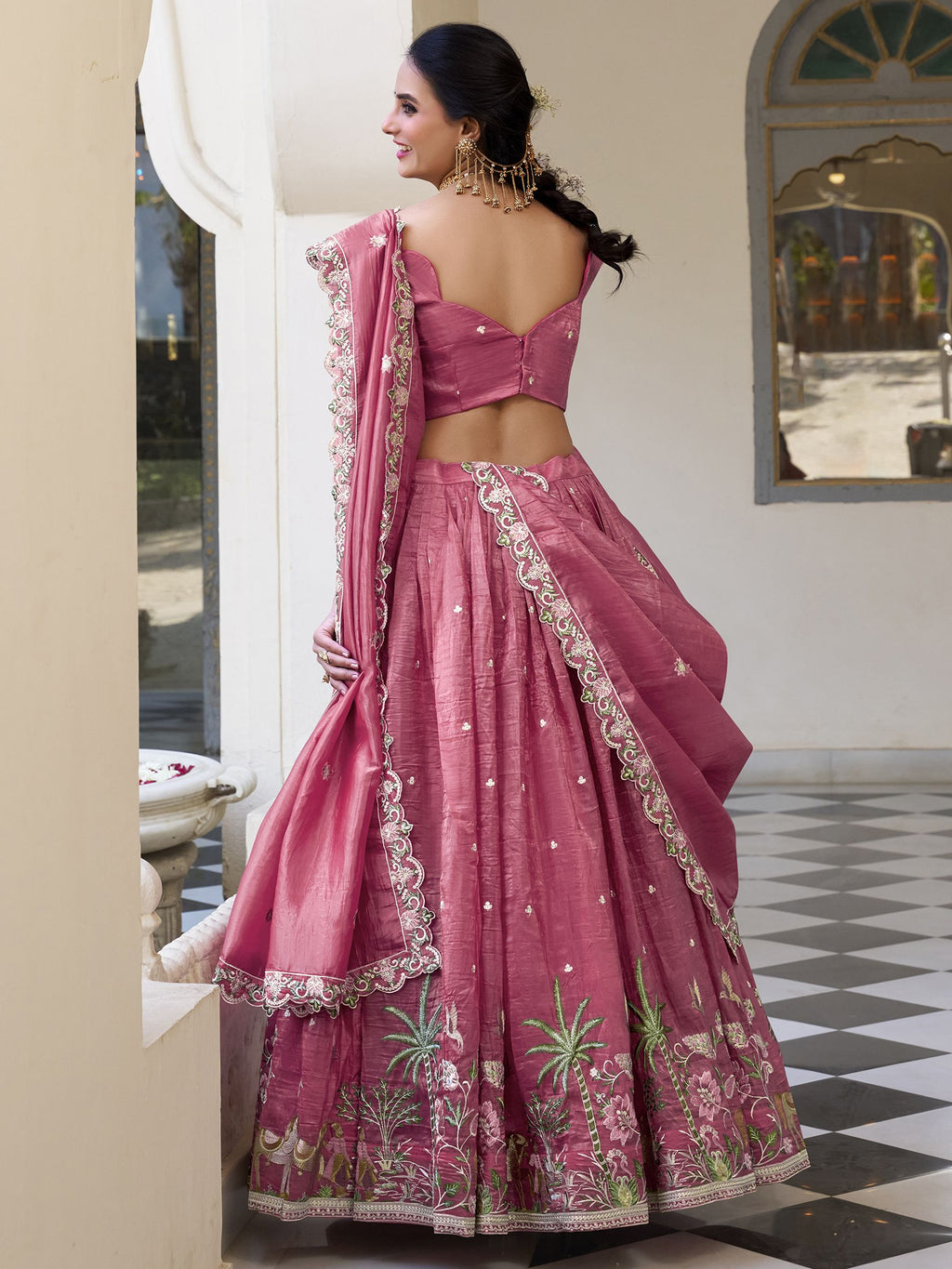 Pink gold crush sequins thread embroidery work lehenga choli