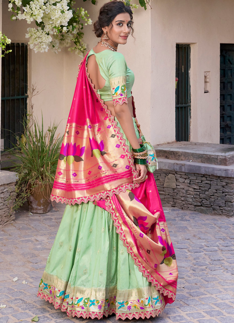 Pista green jacquard silk Paithani lehenga choli with dupatta and batwa