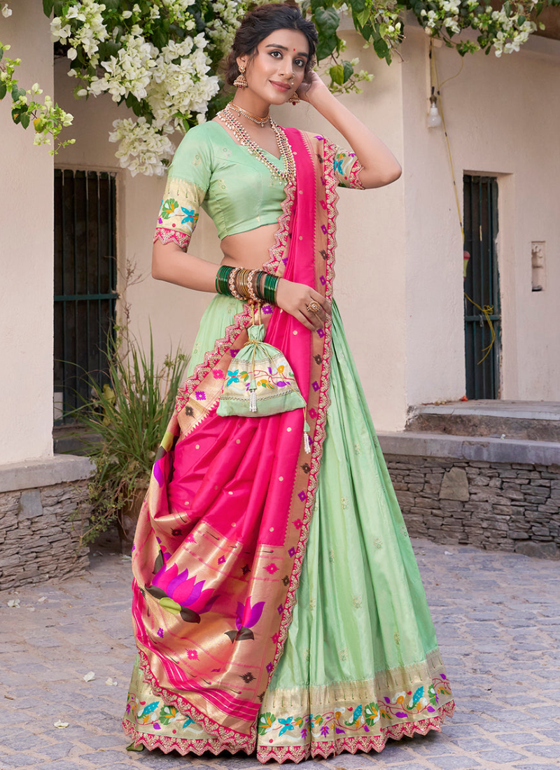 Pista green jacquard silk Paithani lehenga choli with dupatta and batwa