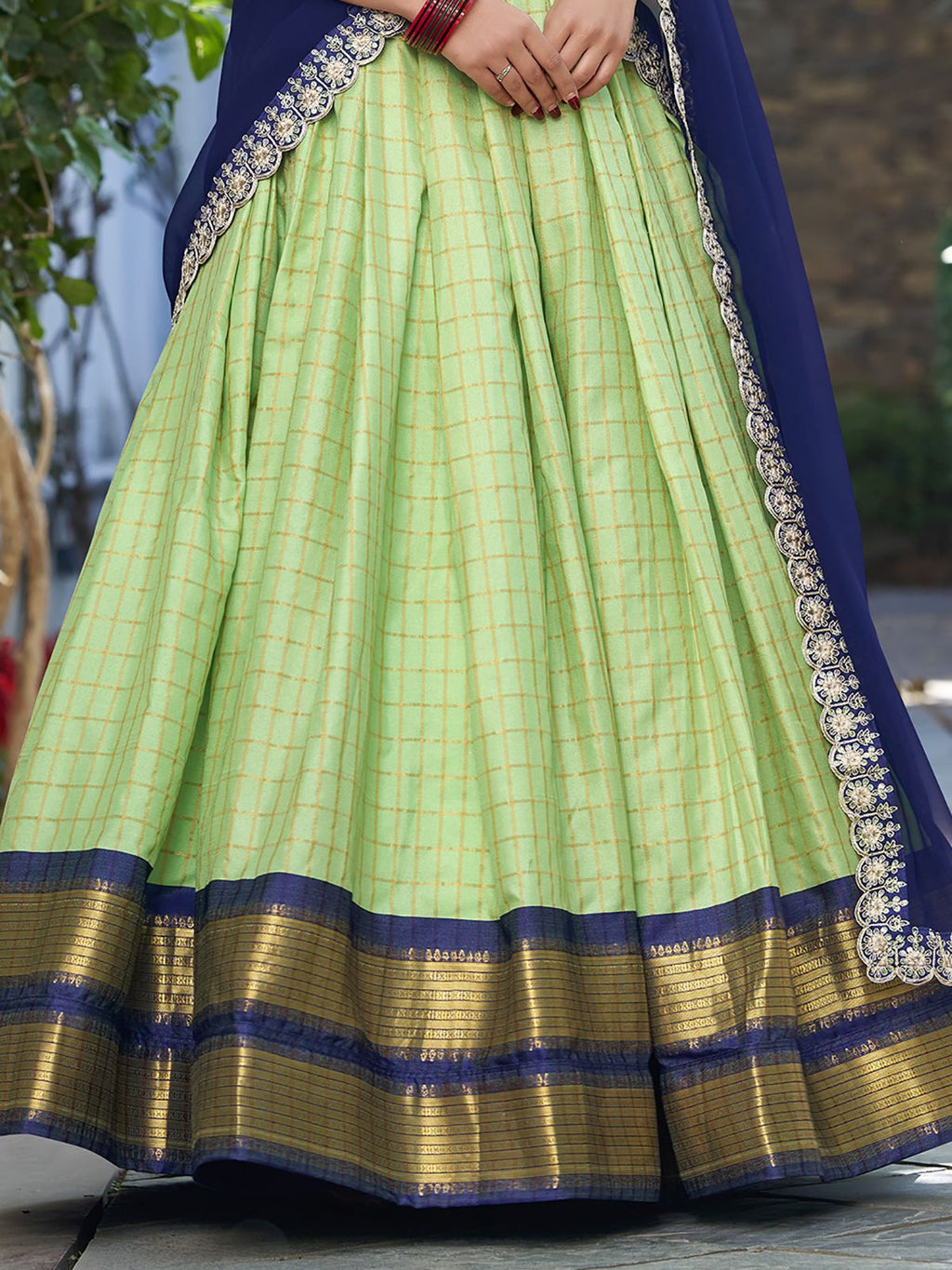 Pista green zari chex lehenga choli with georgette sequins dupatta