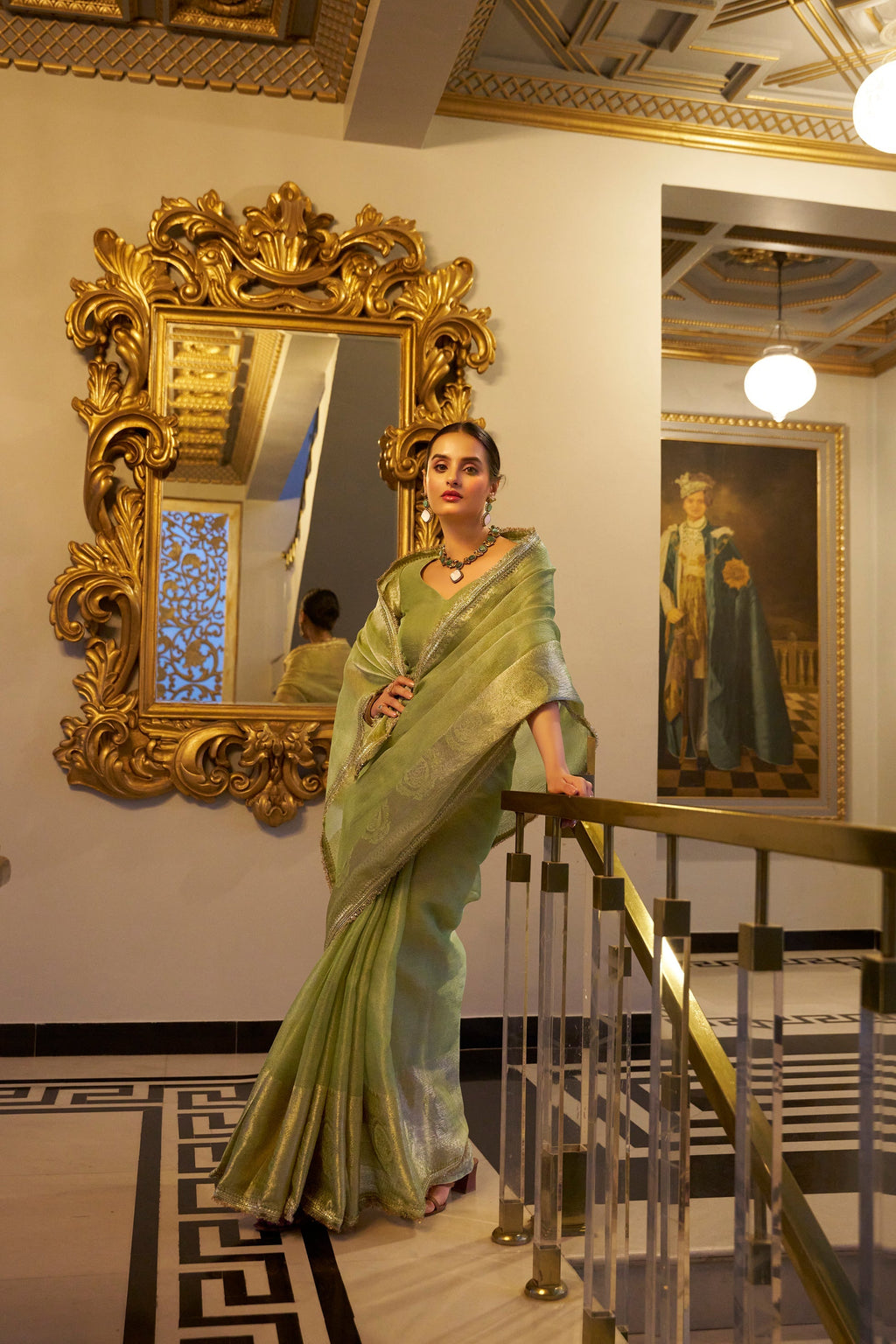 Poorvi pista tissue shimmer zari weaving saree