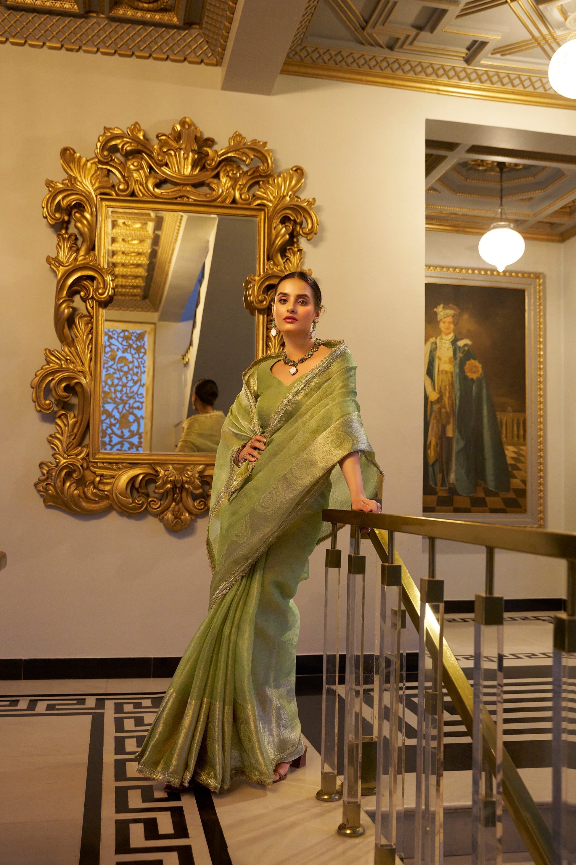 Poorvi pista tissue shimmer zari weaving saree