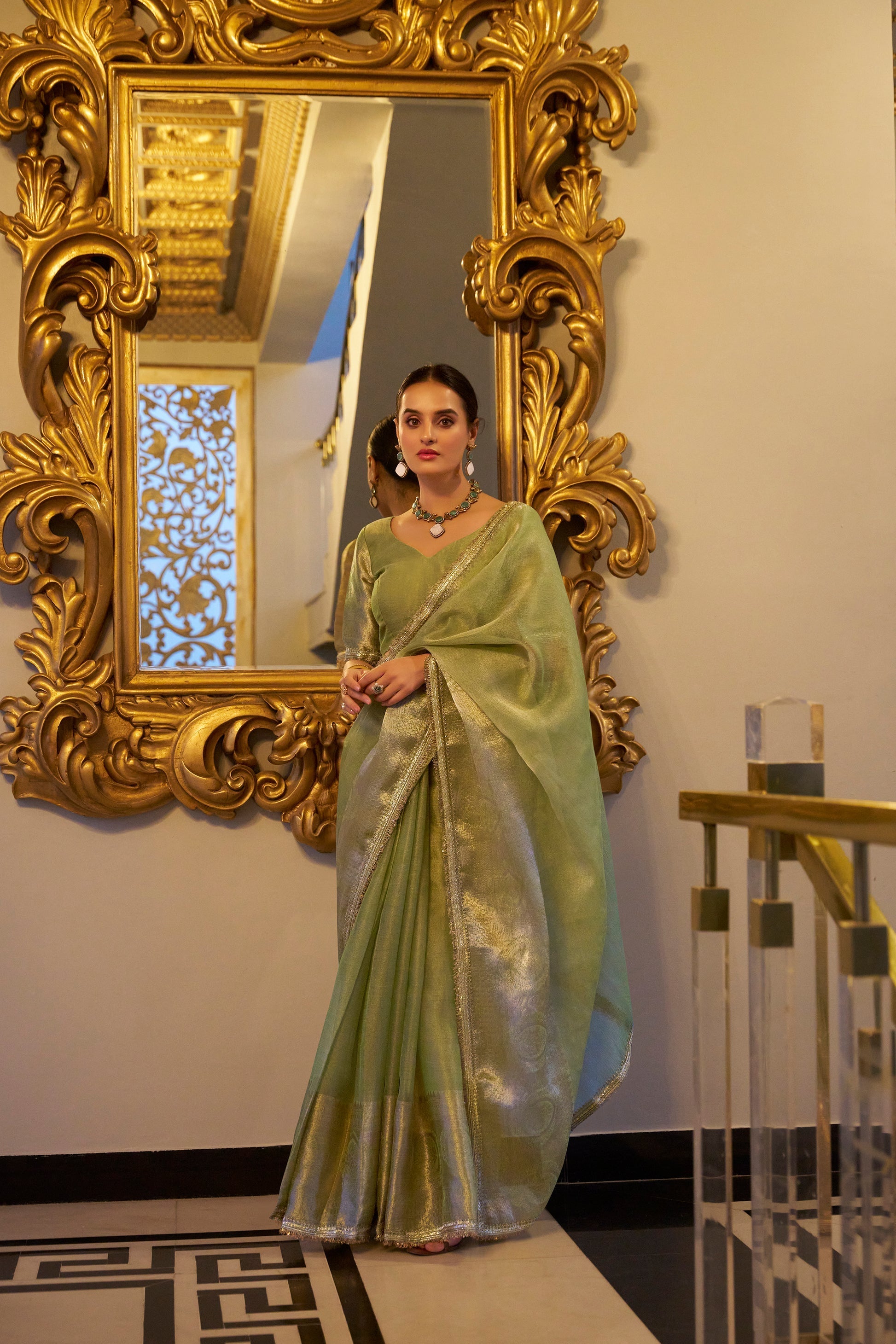 Poorvi pista tissue shimmer zari weaving saree
