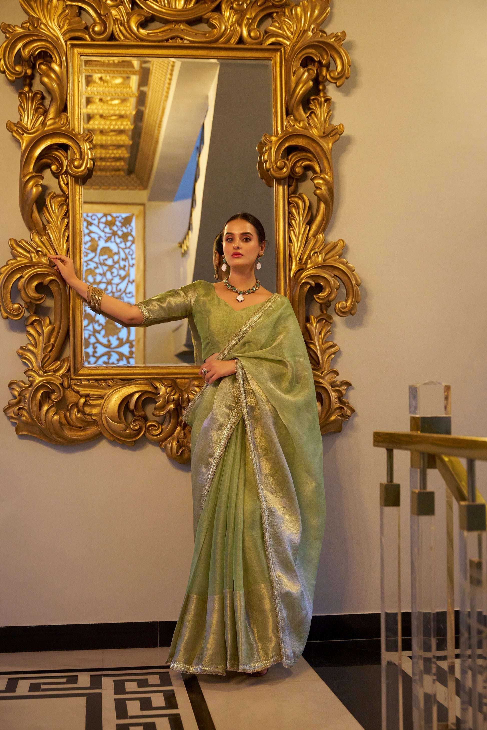 Poorvi pista tissue shimmer zari weaving saree