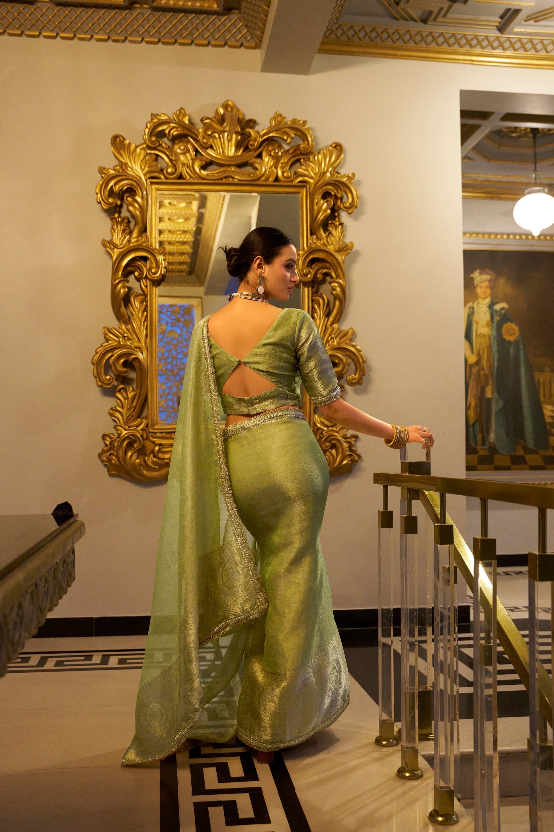 Poorvi pista tissue shimmer zari weaving saree