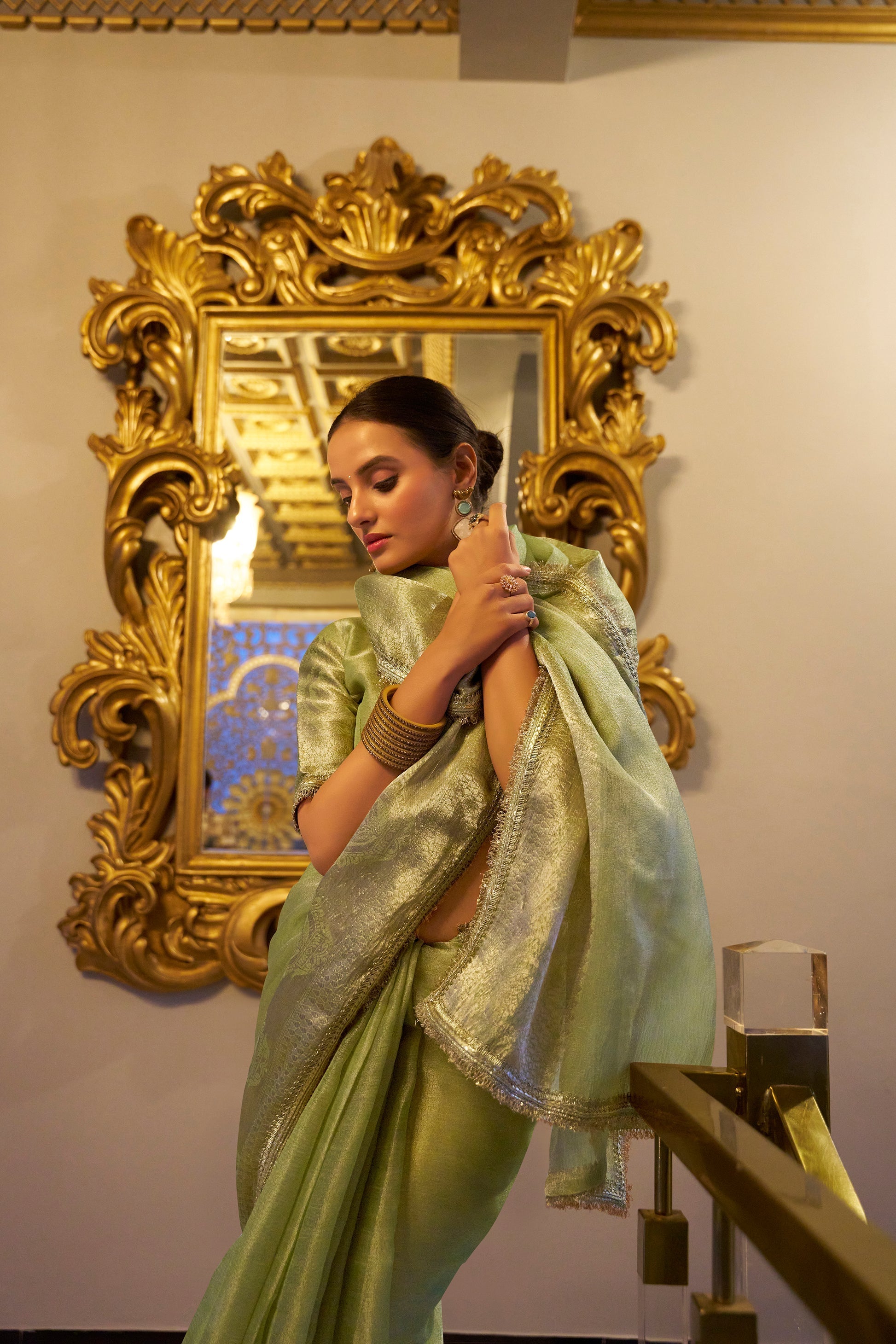 Poorvi pista tissue shimmer zari weaving saree