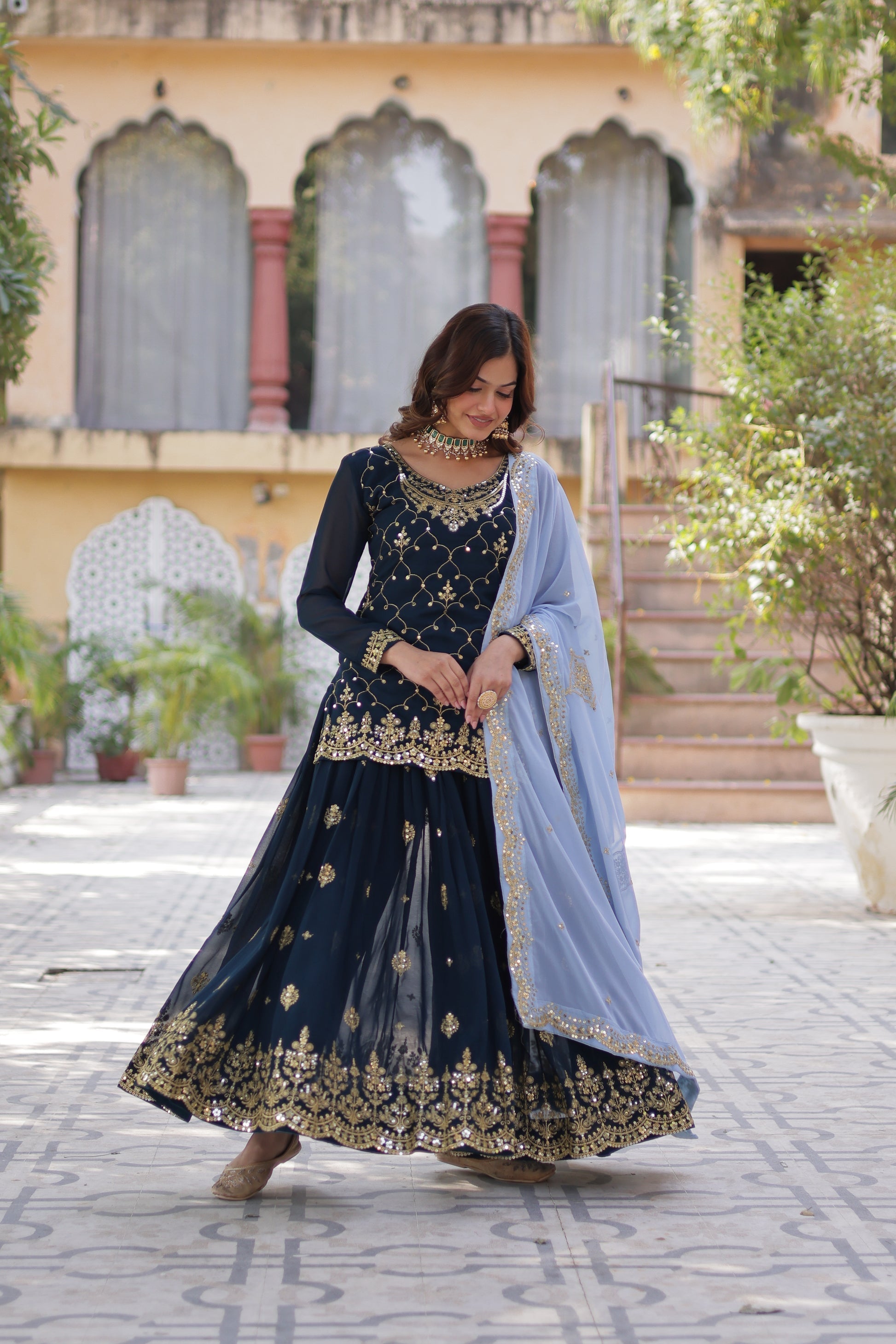 Blue georgette embroidered Pritha designer kurti palazzo suit