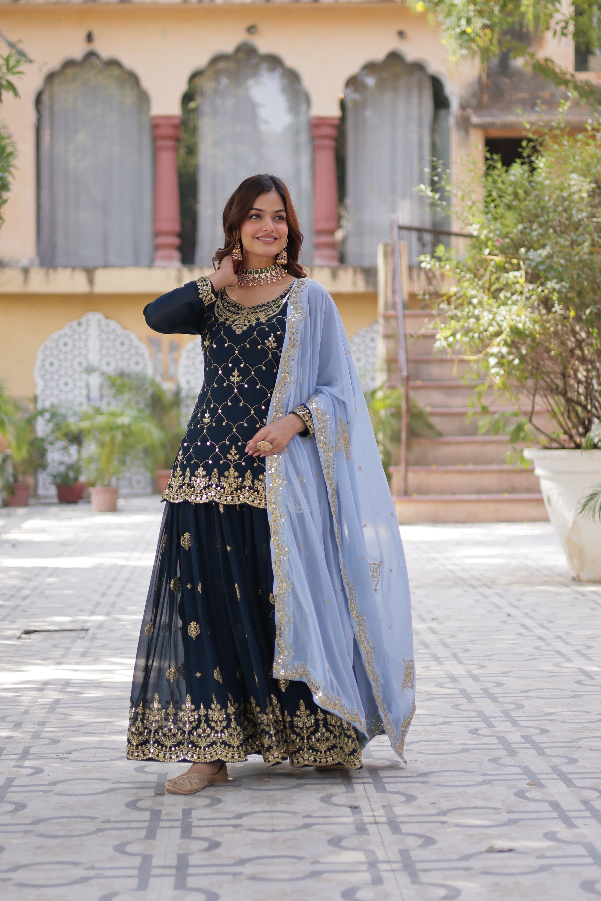 Blue georgette embroidered Pritha designer kurti palazzo suit