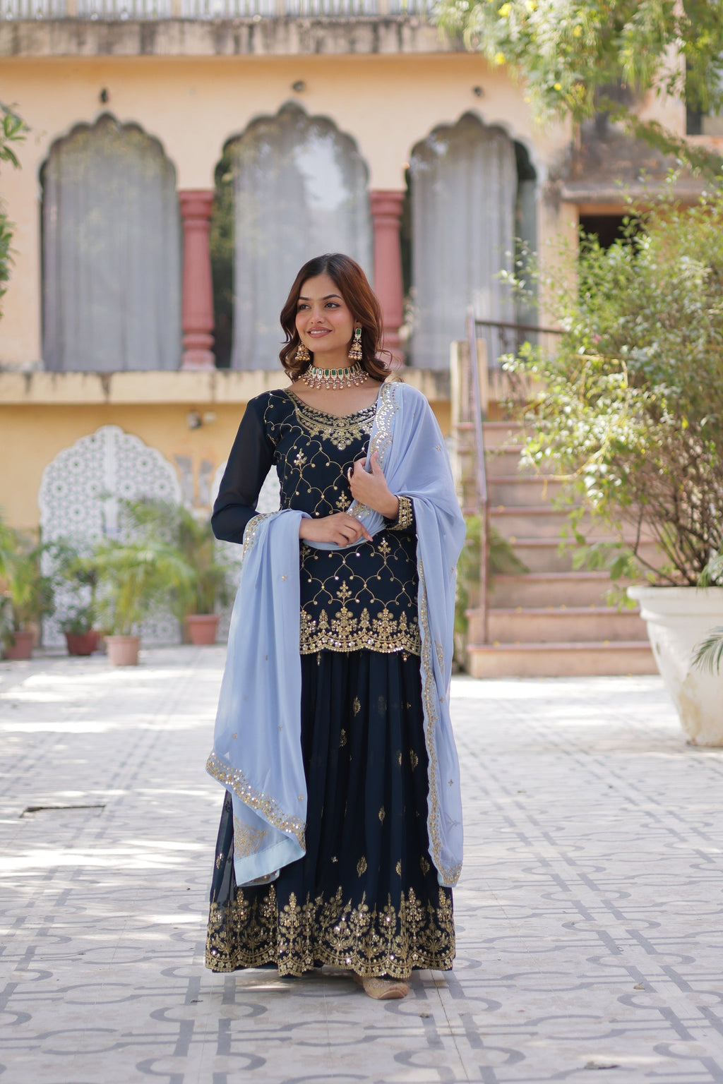 Blue georgette embroidered Pritha designer kurti palazzo suit