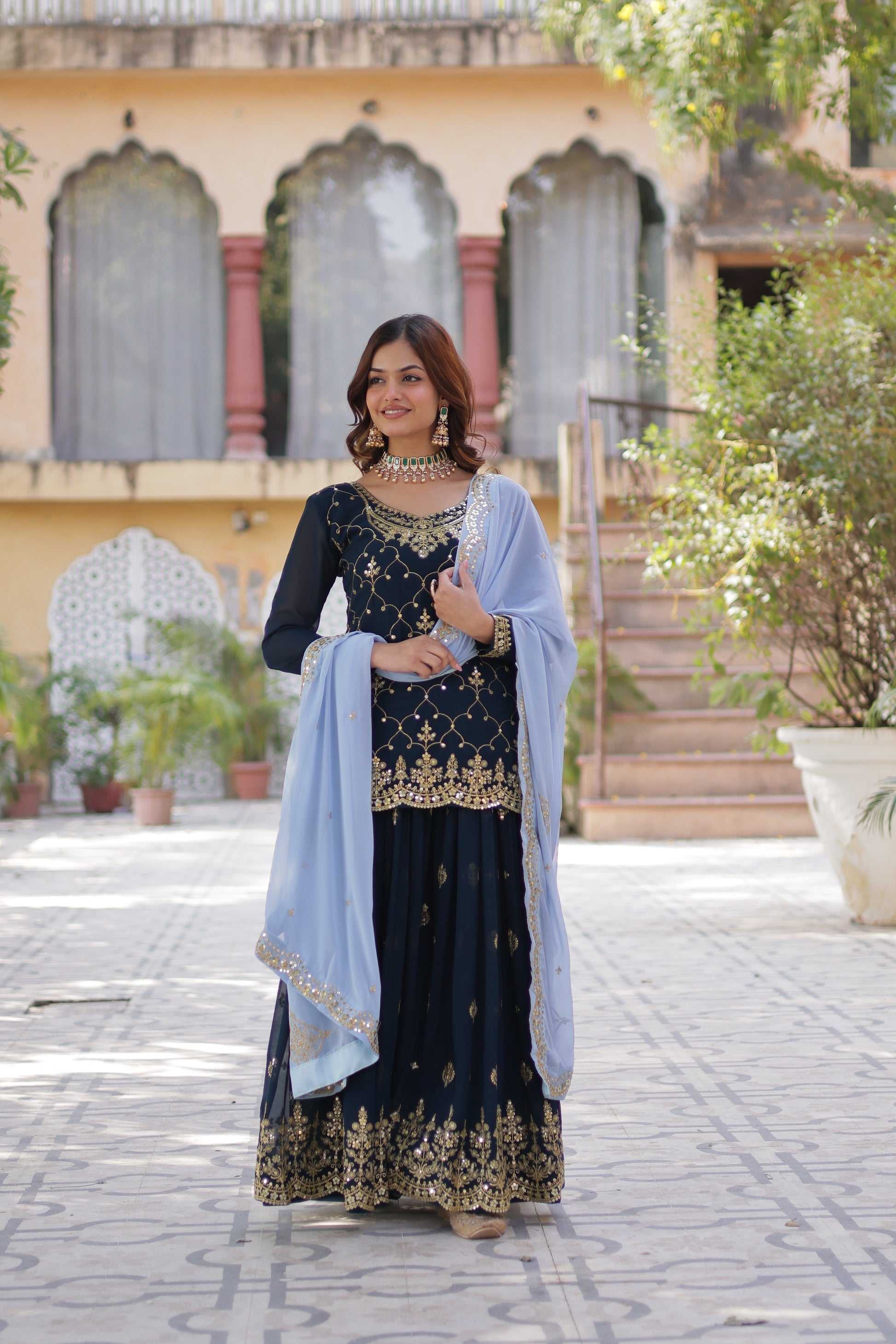 Blue georgette embroidered Pritha designer kurti palazzo suit
