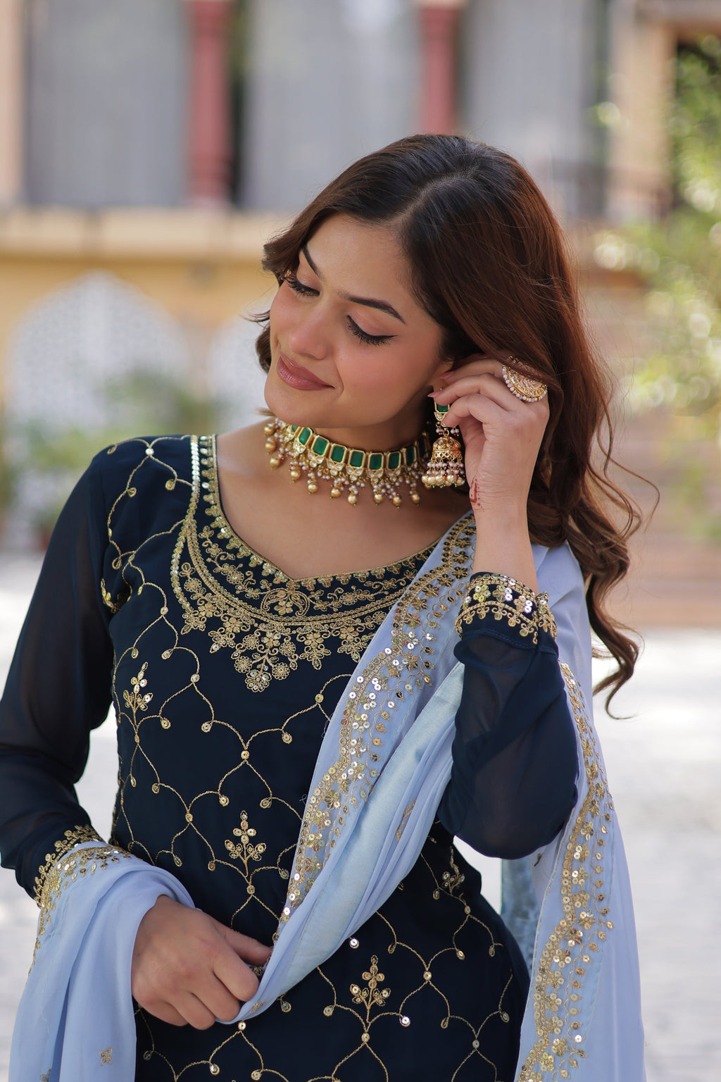 Blue georgette embroidered Pritha designer kurti palazzo suit