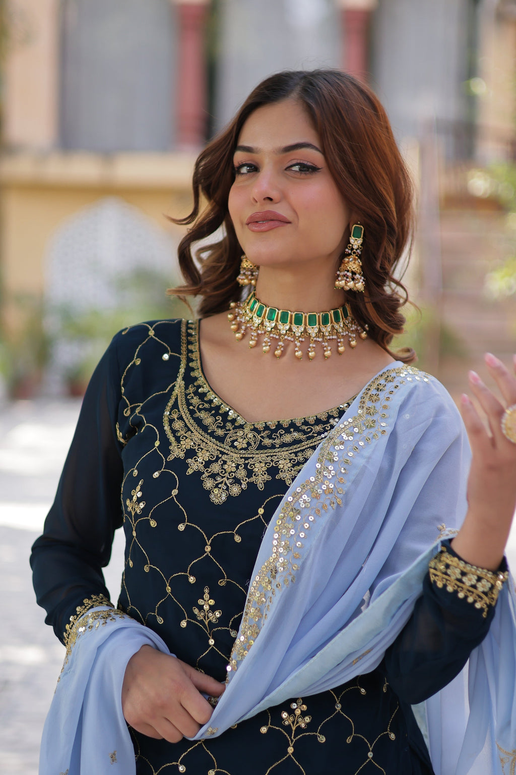 Blue georgette embroidered Pritha designer kurti palazzo suit