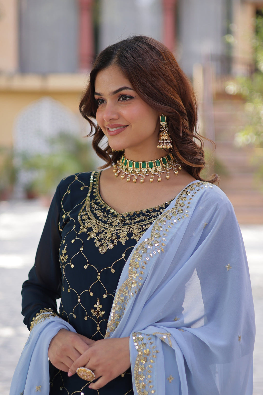 Blue georgette embroidered Pritha designer kurti palazzo suit