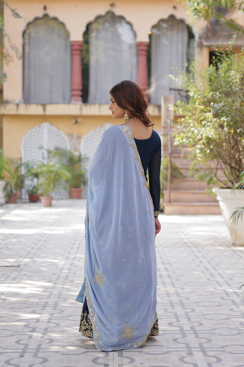 Blue georgette embroidered Pritha designer kurti palazzo suit