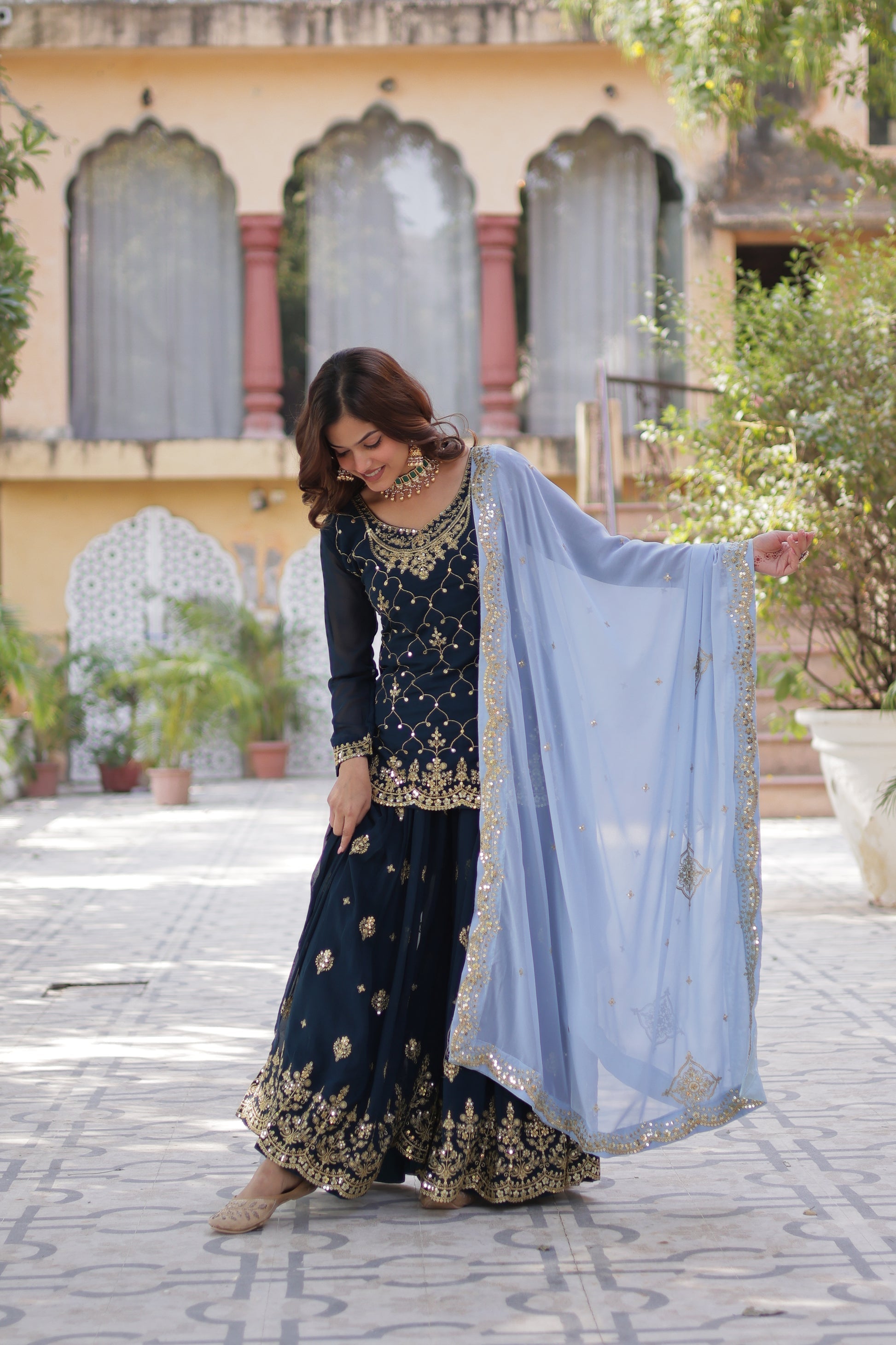 Blue georgette embroidered Pritha designer kurti palazzo suit