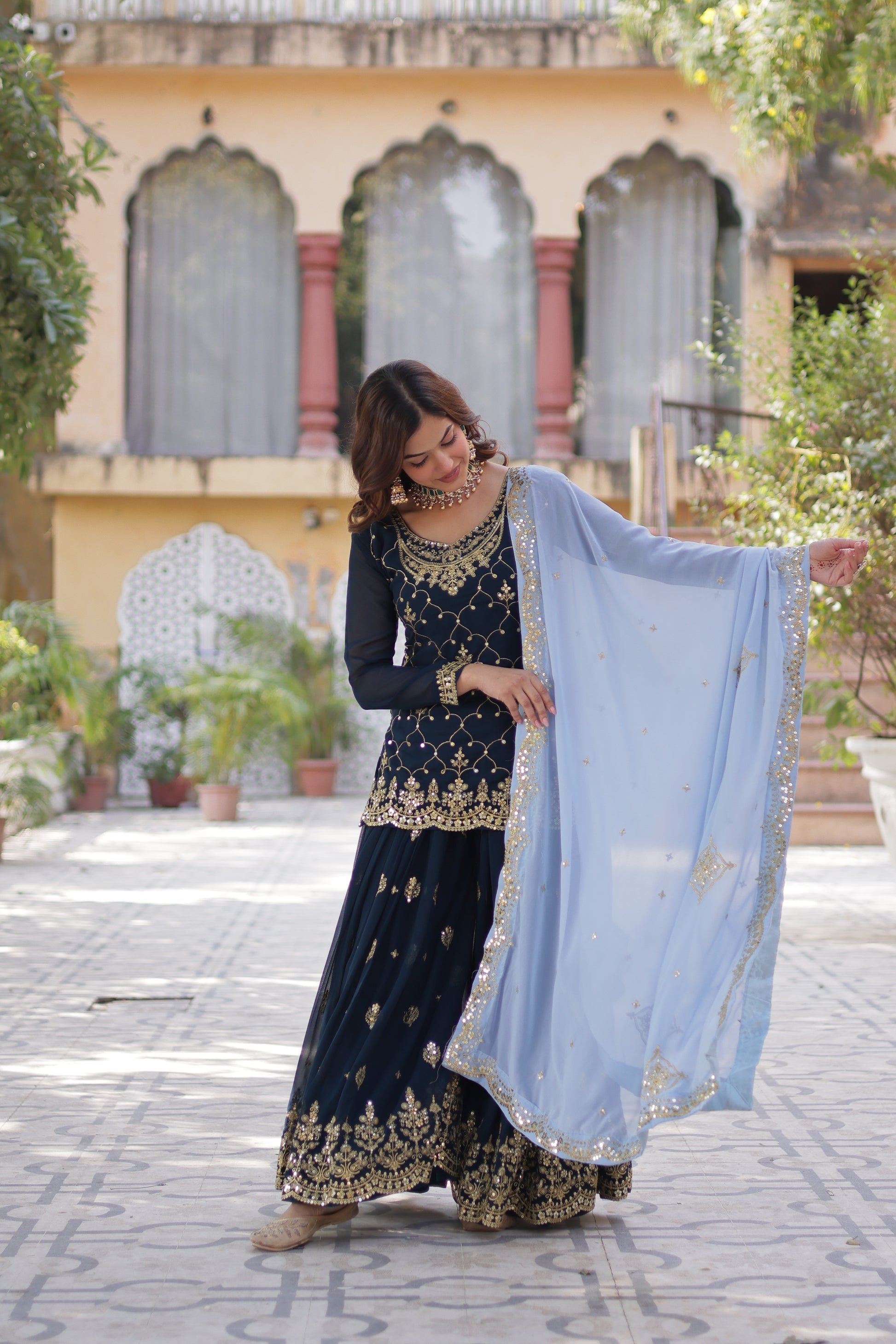 Blue georgette embroidered Pritha designer kurti palazzo suit