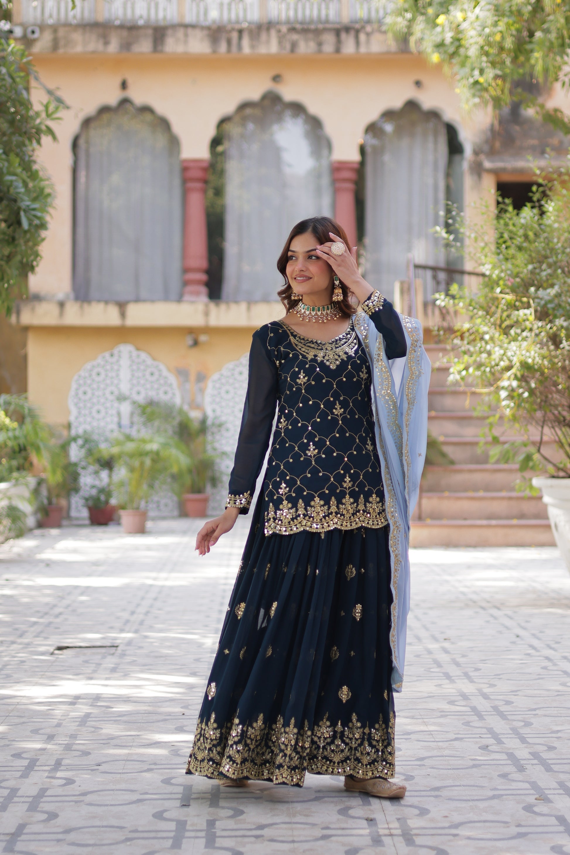 Blue georgette embroidered Pritha designer kurti palazzo suit