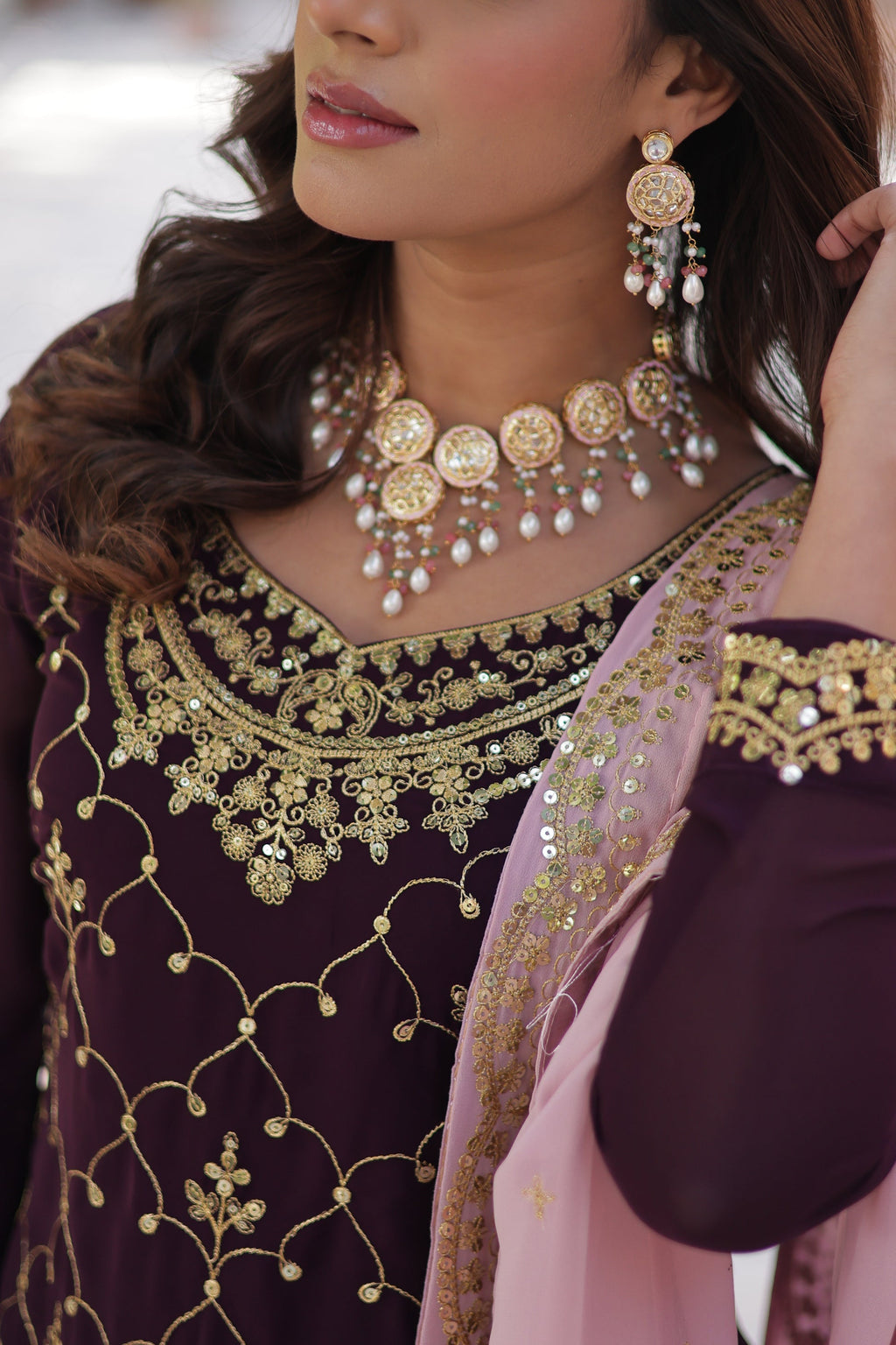 Wine georgette embroidered Pritha designer kurti palazzo suit