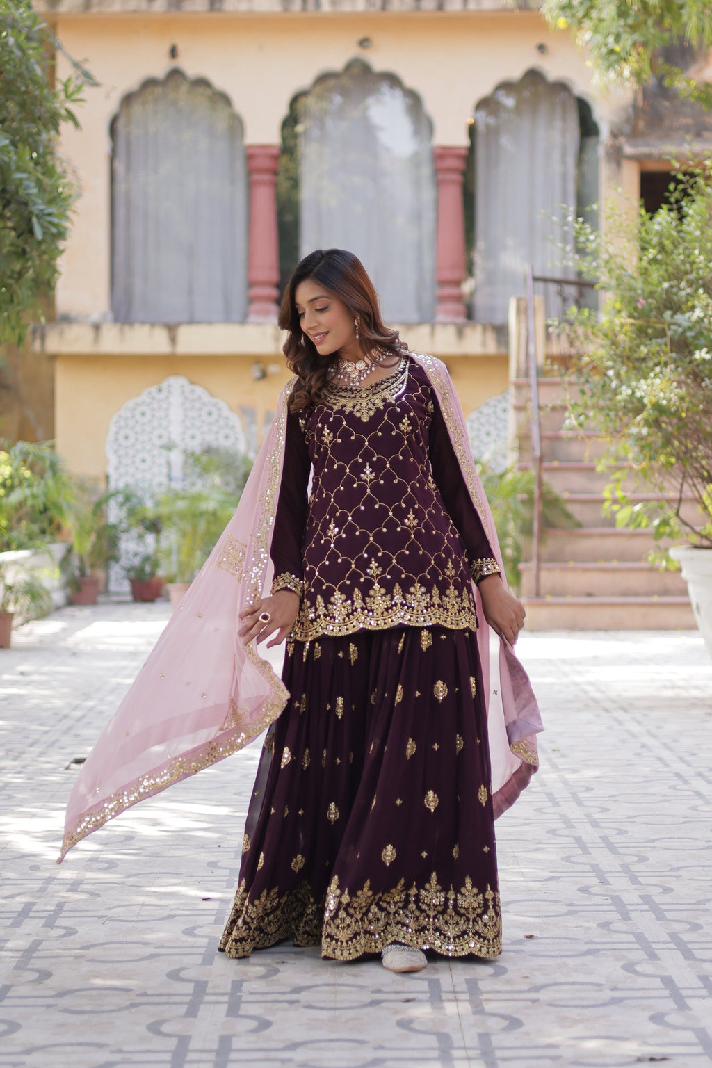 Wine georgette embroidered Pritha designer kurti palazzo suit