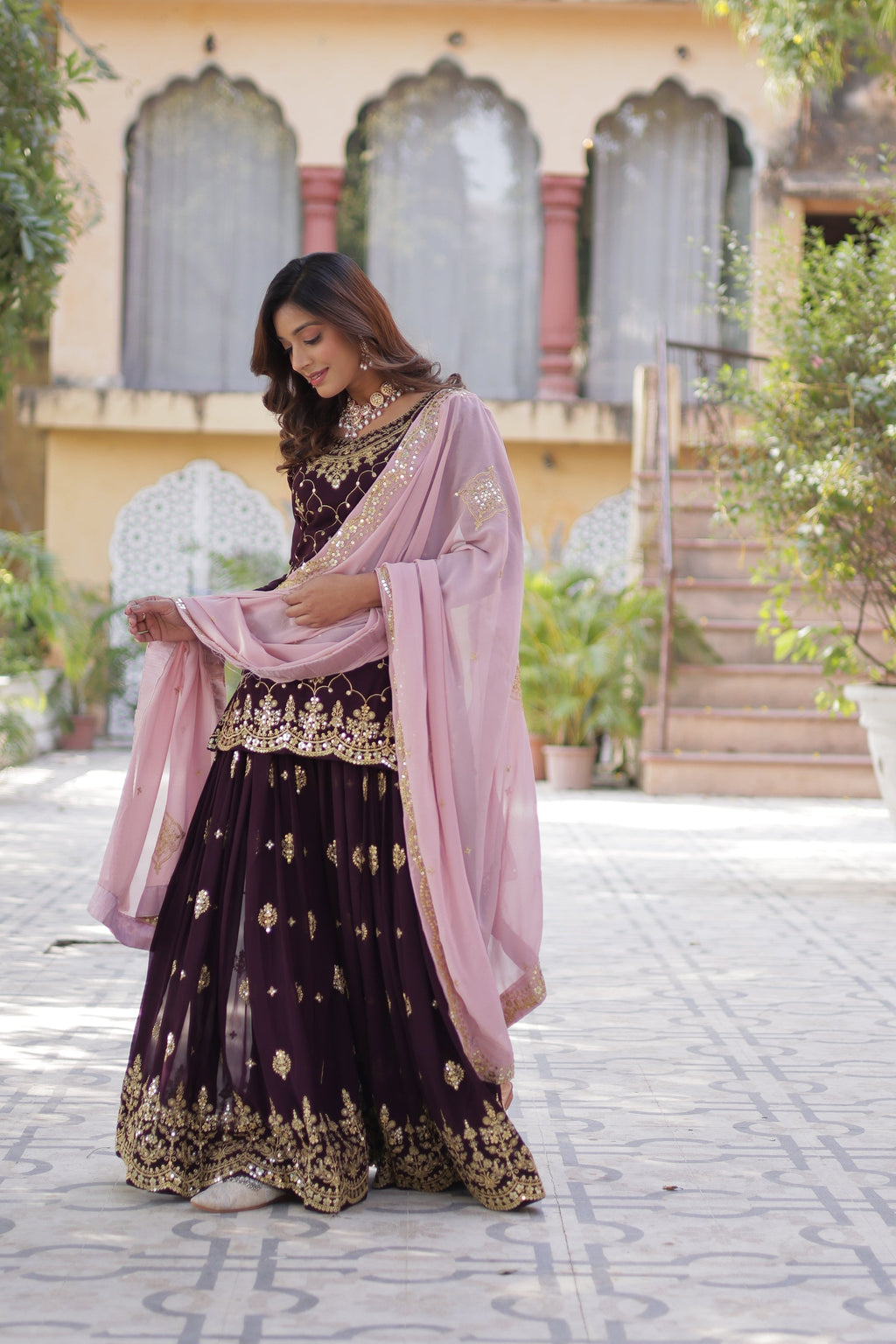 Wine georgette embroidered Pritha designer kurti palazzo suit