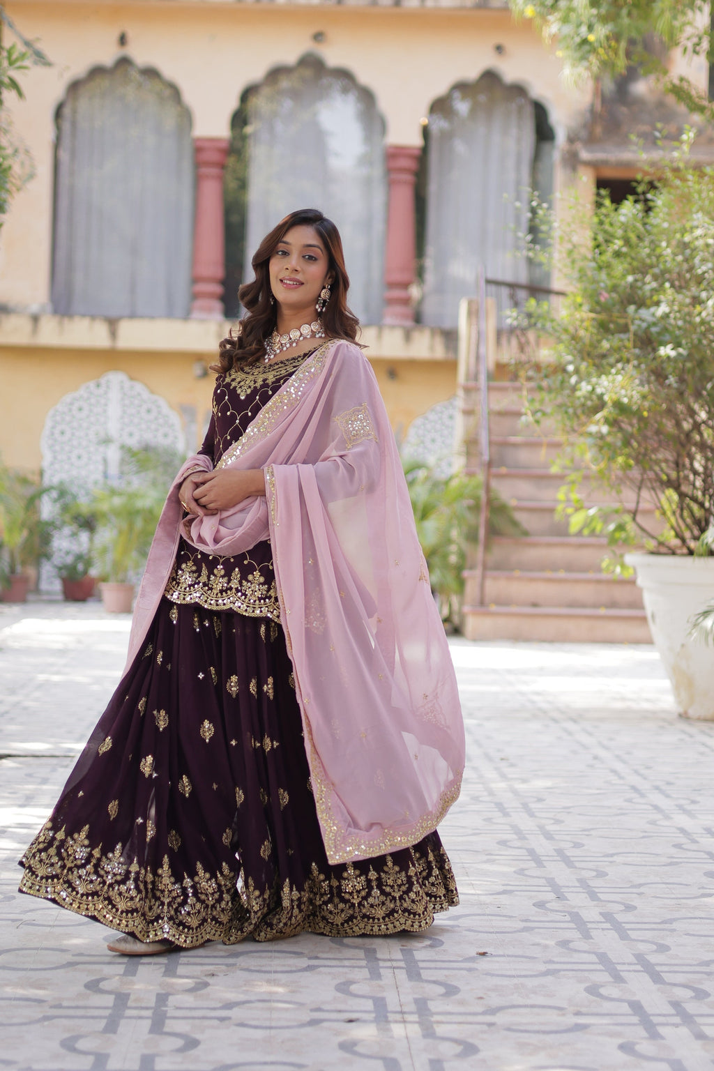 Wine georgette embroidered Pritha designer kurti palazzo suit