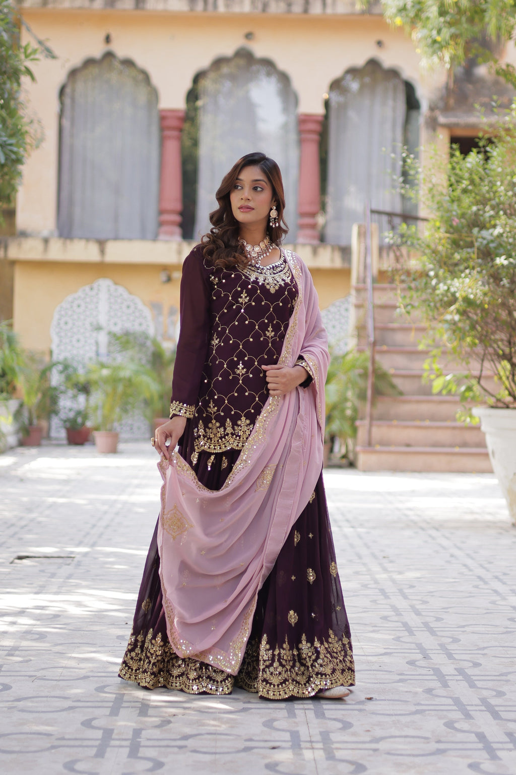 Wine georgette embroidered Pritha designer kurti palazzo suit