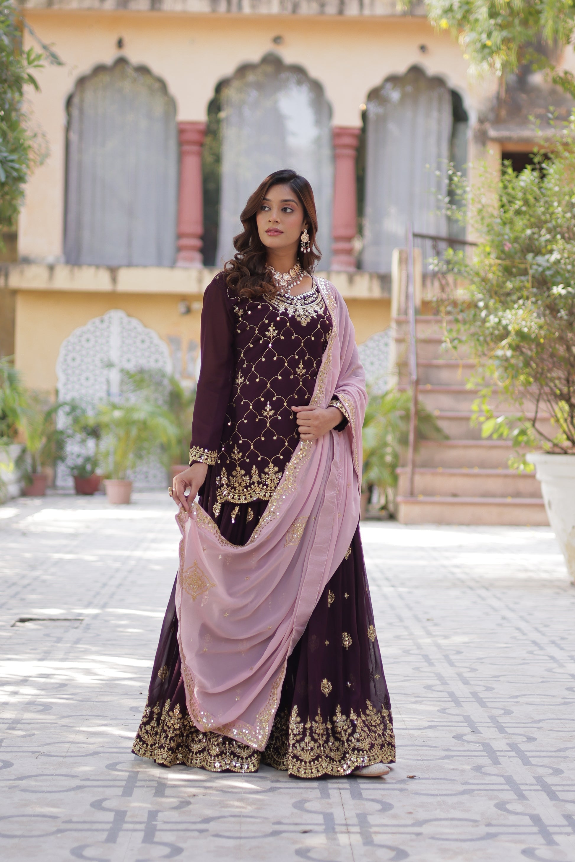Wine georgette embroidered Pritha designer kurti palazzo suit