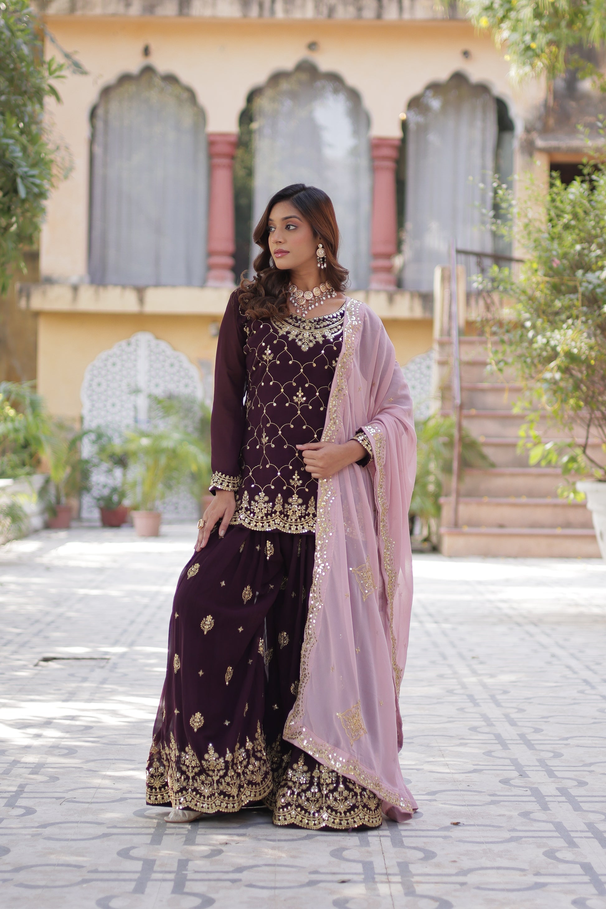 Wine georgette embroidered Pritha designer kurti palazzo suit