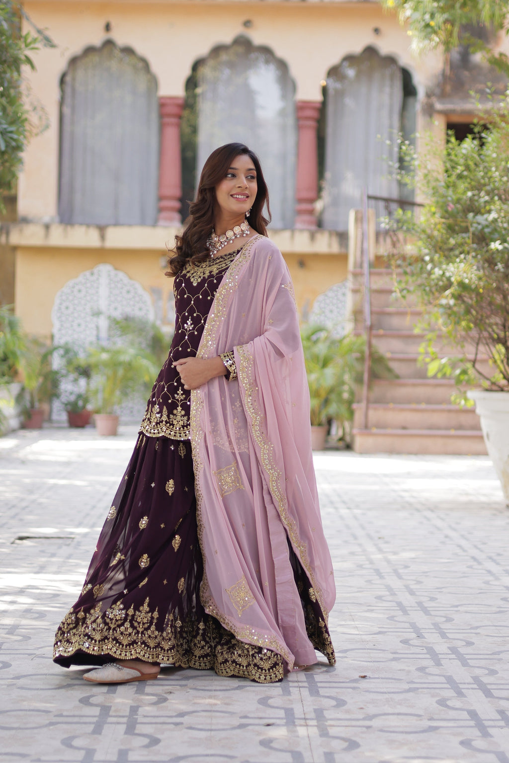 Wine georgette embroidered Pritha designer kurti palazzo suit