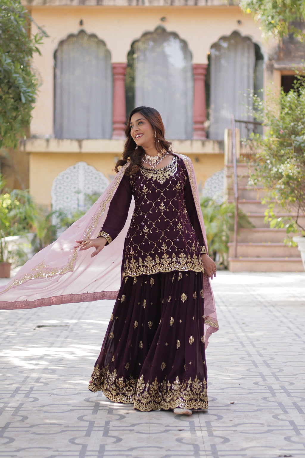 Wine georgette embroidered Pritha designer kurti palazzo suit