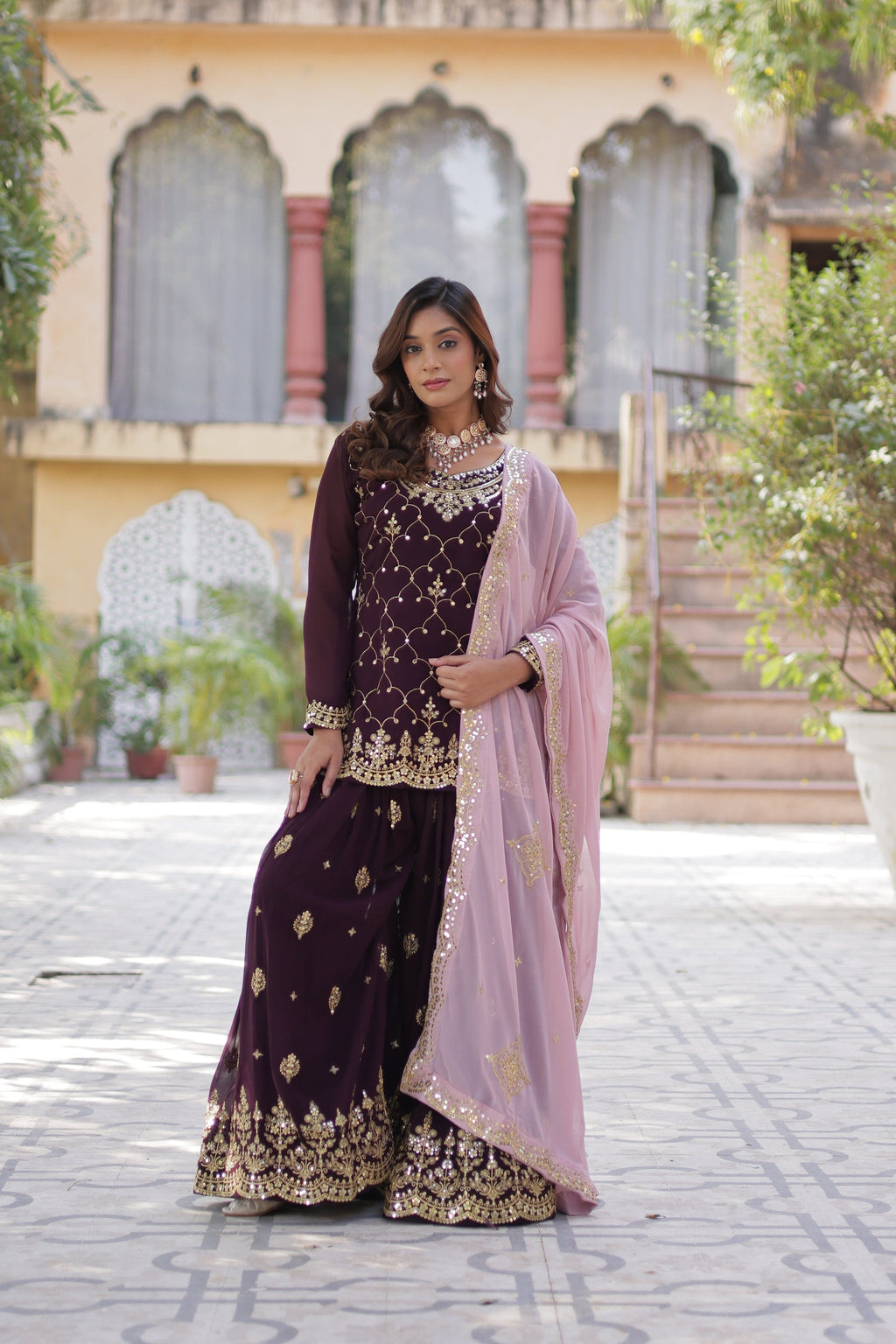 Wine georgette embroidered Pritha designer kurti palazzo suit