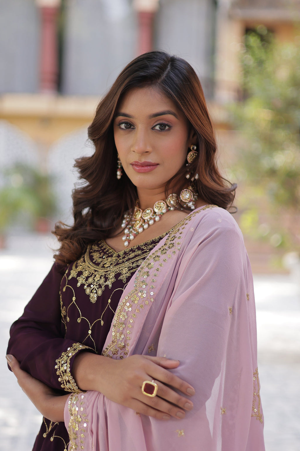 Wine georgette embroidered Pritha designer kurti palazzo suit
