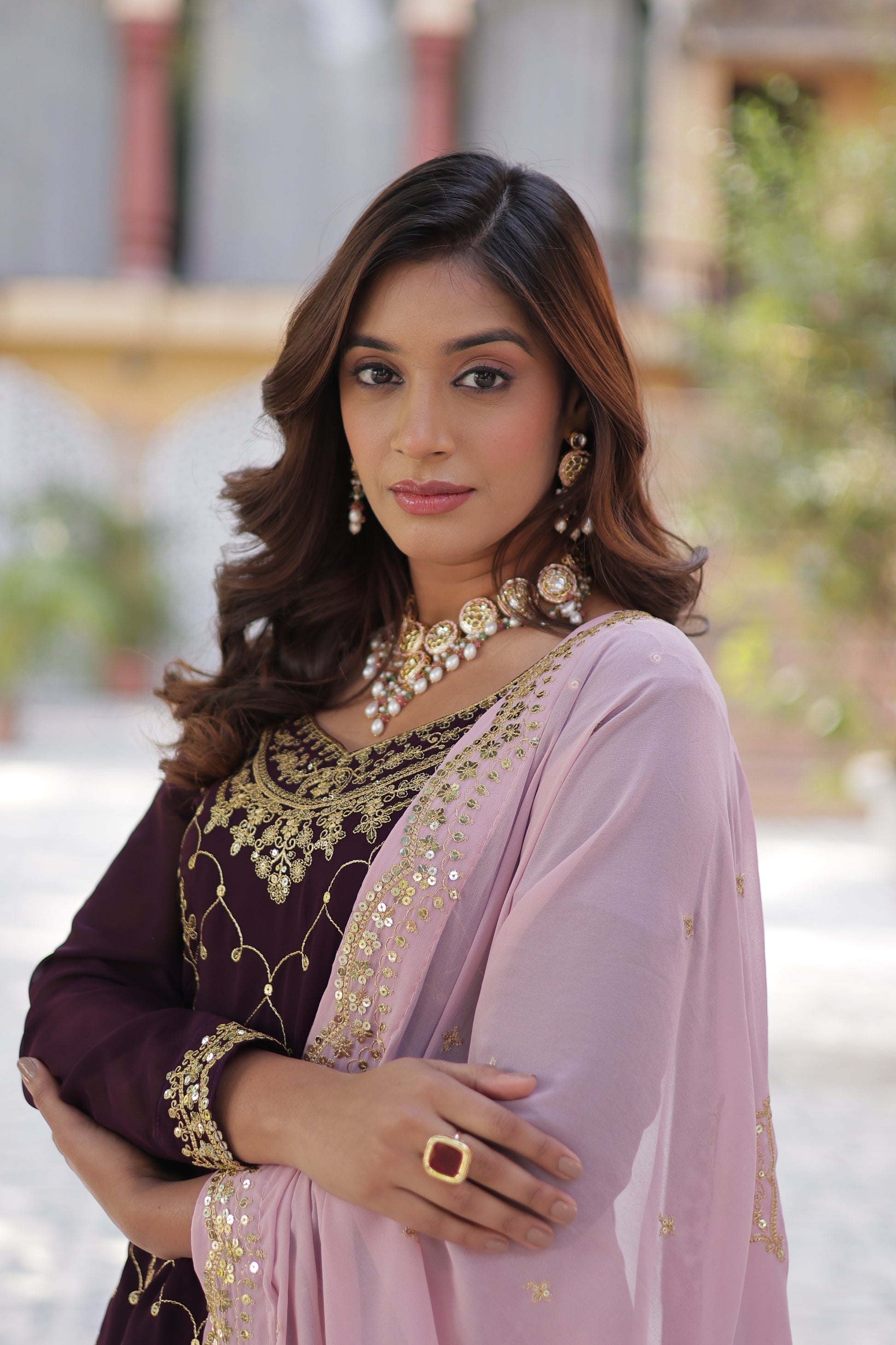 Wine georgette embroidered Pritha designer kurti palazzo suit