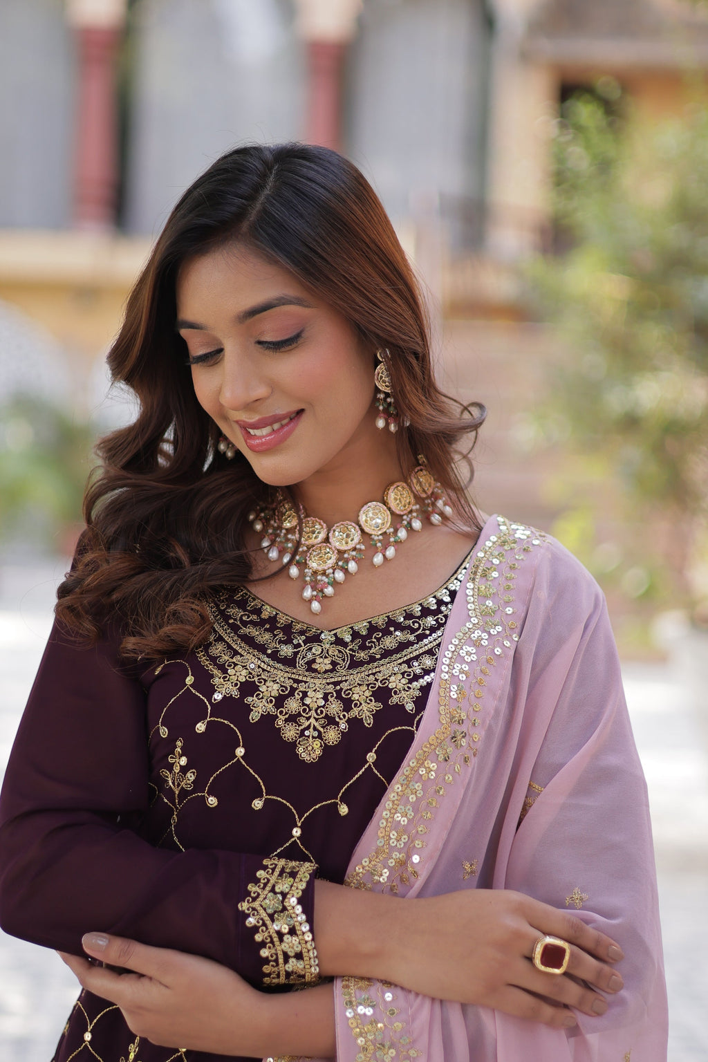 Wine georgette embroidered Pritha designer kurti palazzo suit