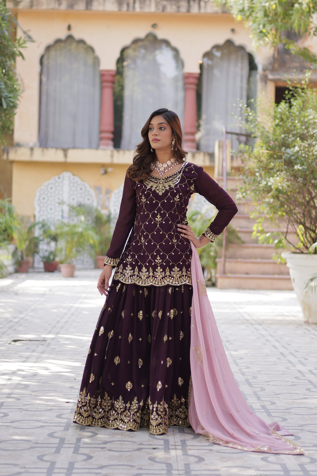 Wine georgette embroidered Pritha designer kurti palazzo suit
