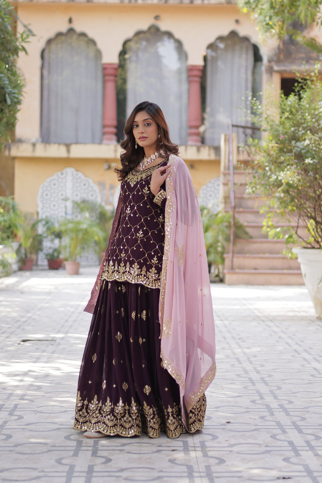 Wine georgette embroidered Pritha designer kurti palazzo suit
