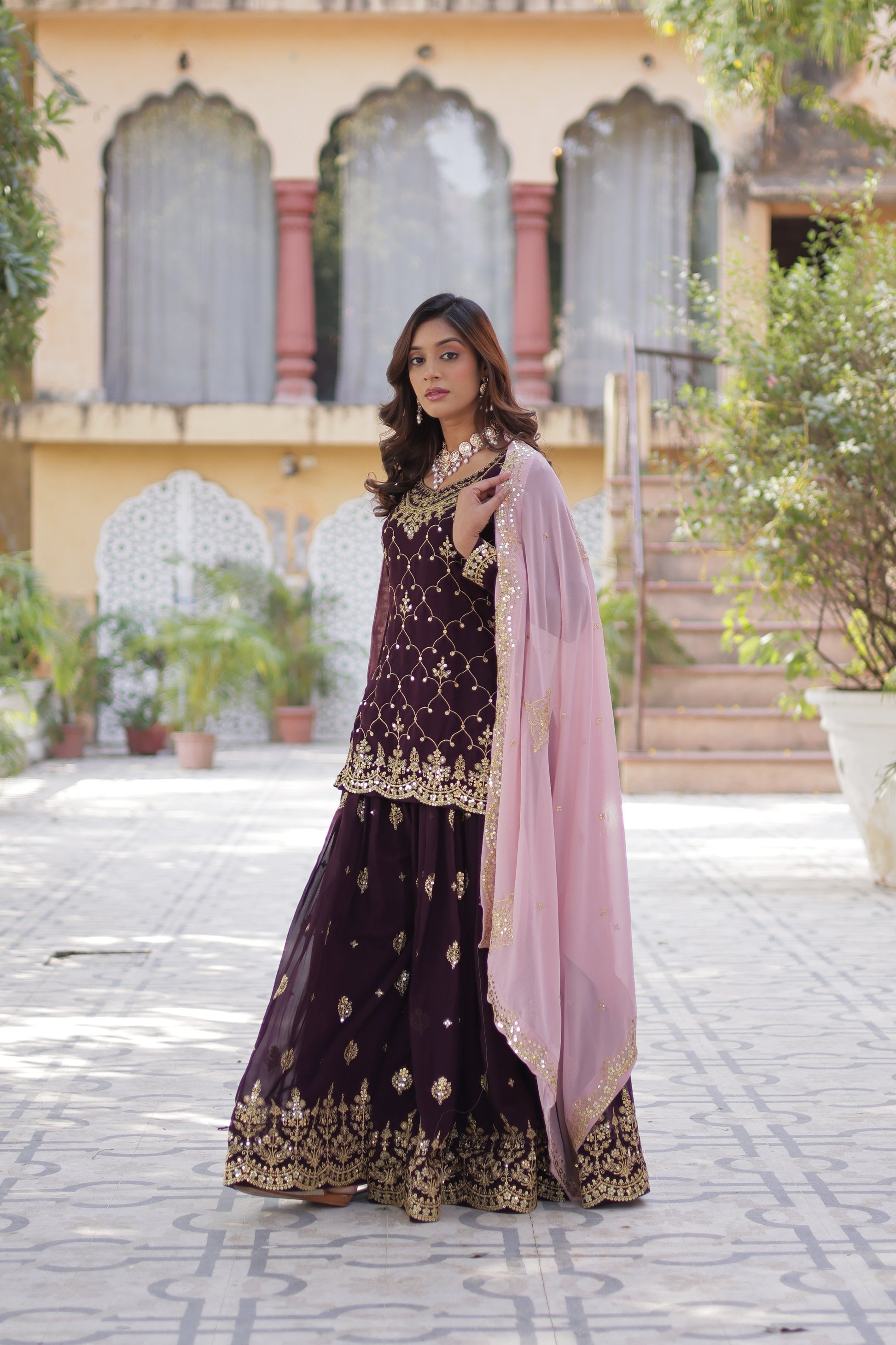 Wine georgette embroidered Pritha designer kurti palazzo suit