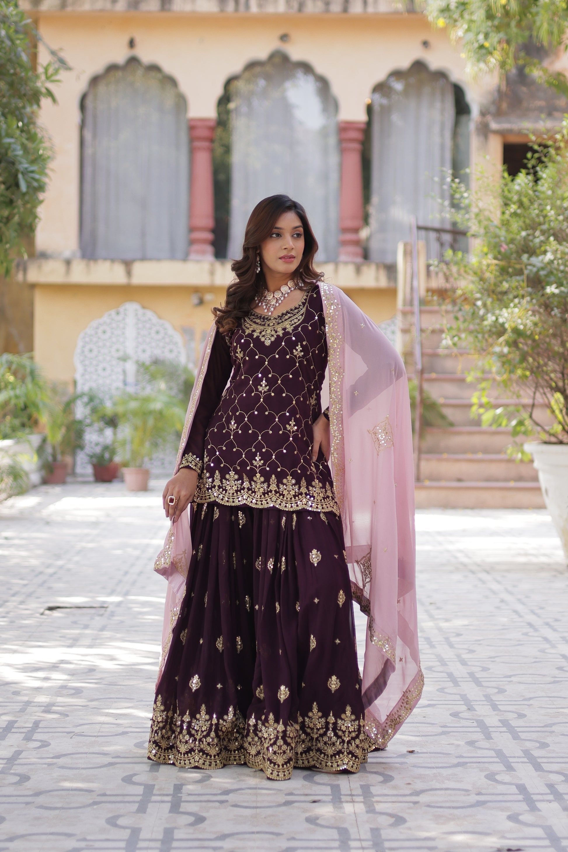 Wine georgette embroidered Pritha designer kurti palazzo suit