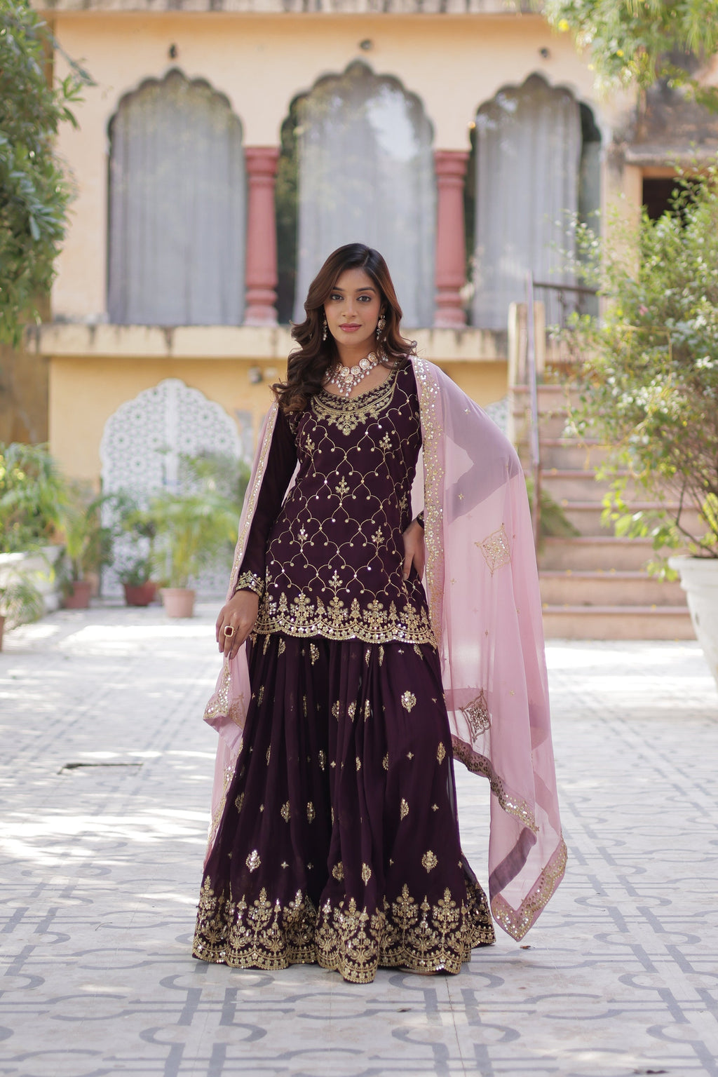Wine georgette embroidered Pritha designer kurti palazzo suit