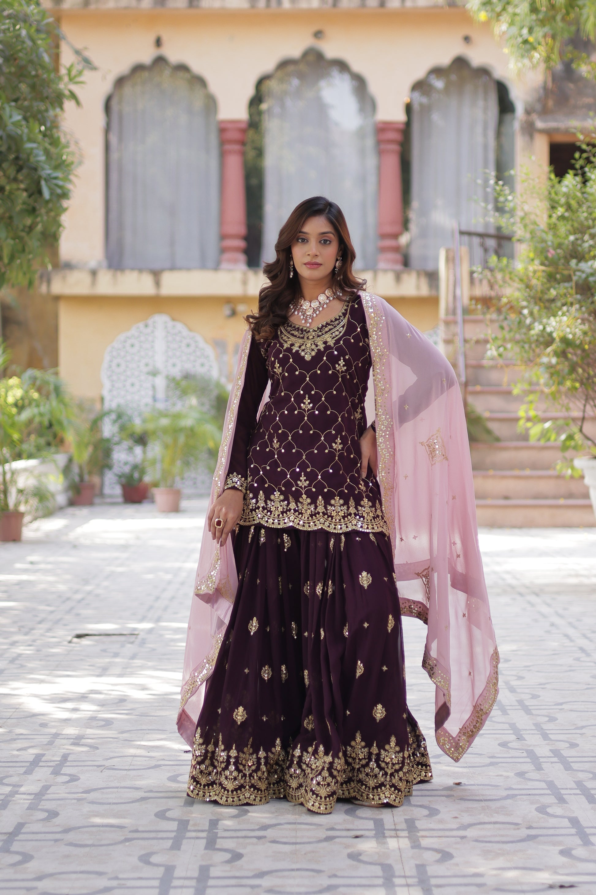Wine georgette embroidered Pritha designer kurti palazzo suit