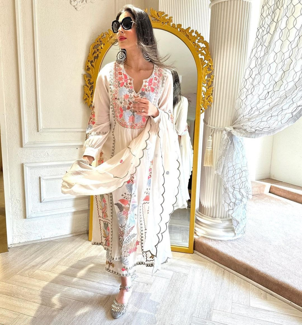 Sandhya white cotton embroidered Pakistani suit set