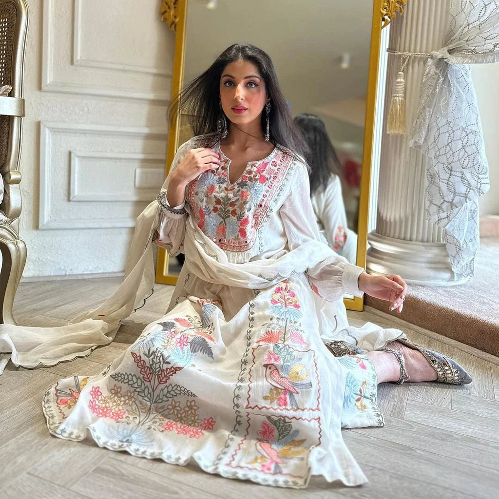 Sandhya white cotton embroidered Pakistani suit set