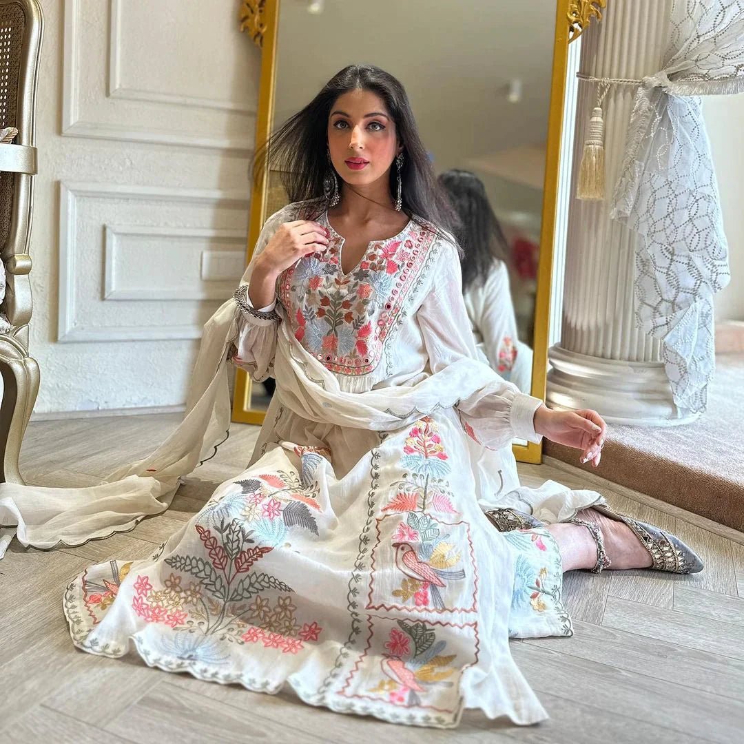 Sandhya white cotton embroidered Pakistani suit set