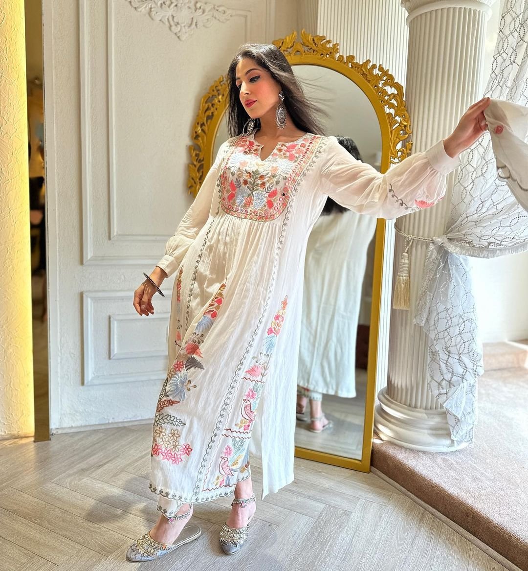 Sandhya white cotton embroidered Pakistani suit set