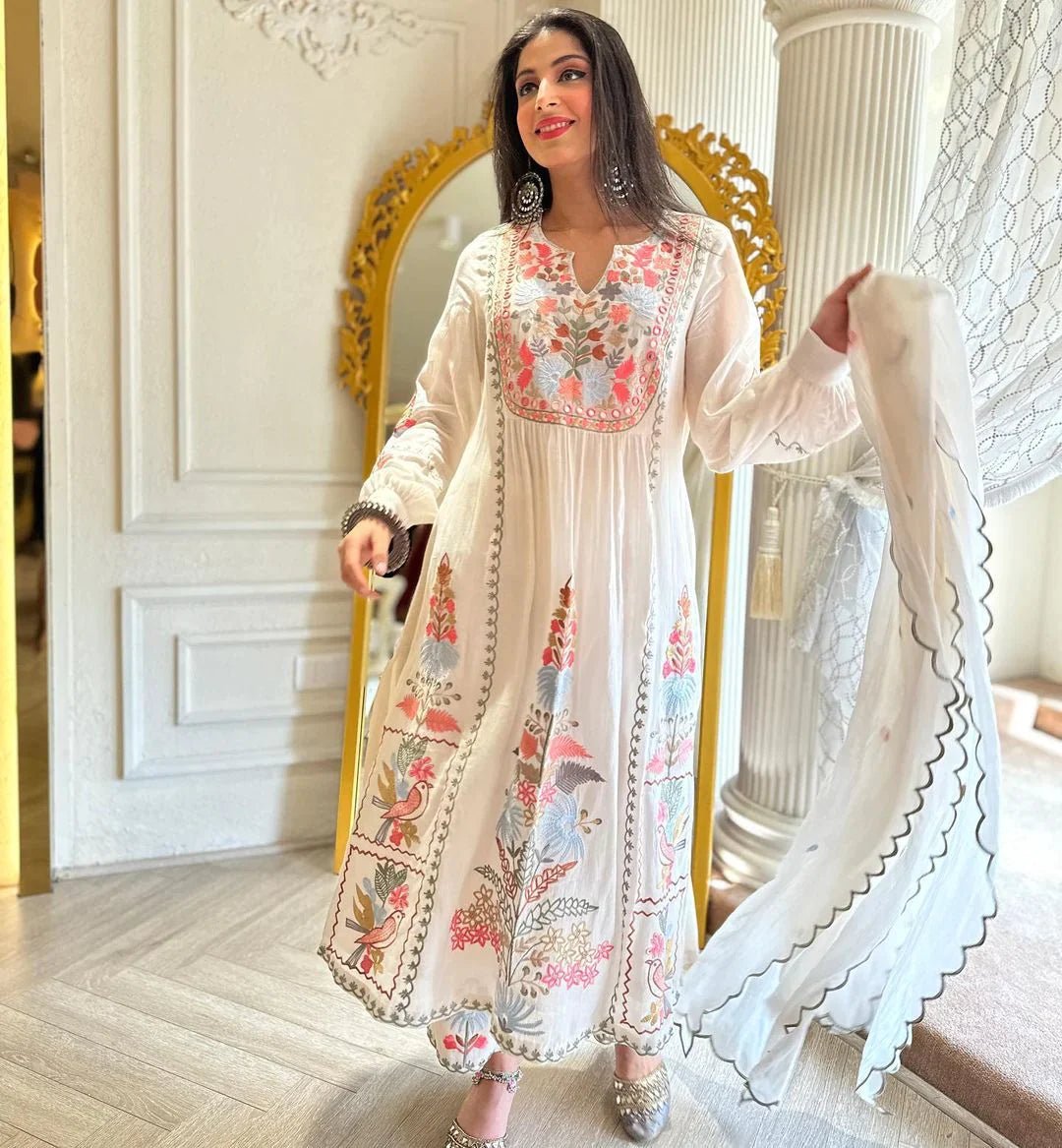Sandhya white cotton embroidered Pakistani suit set