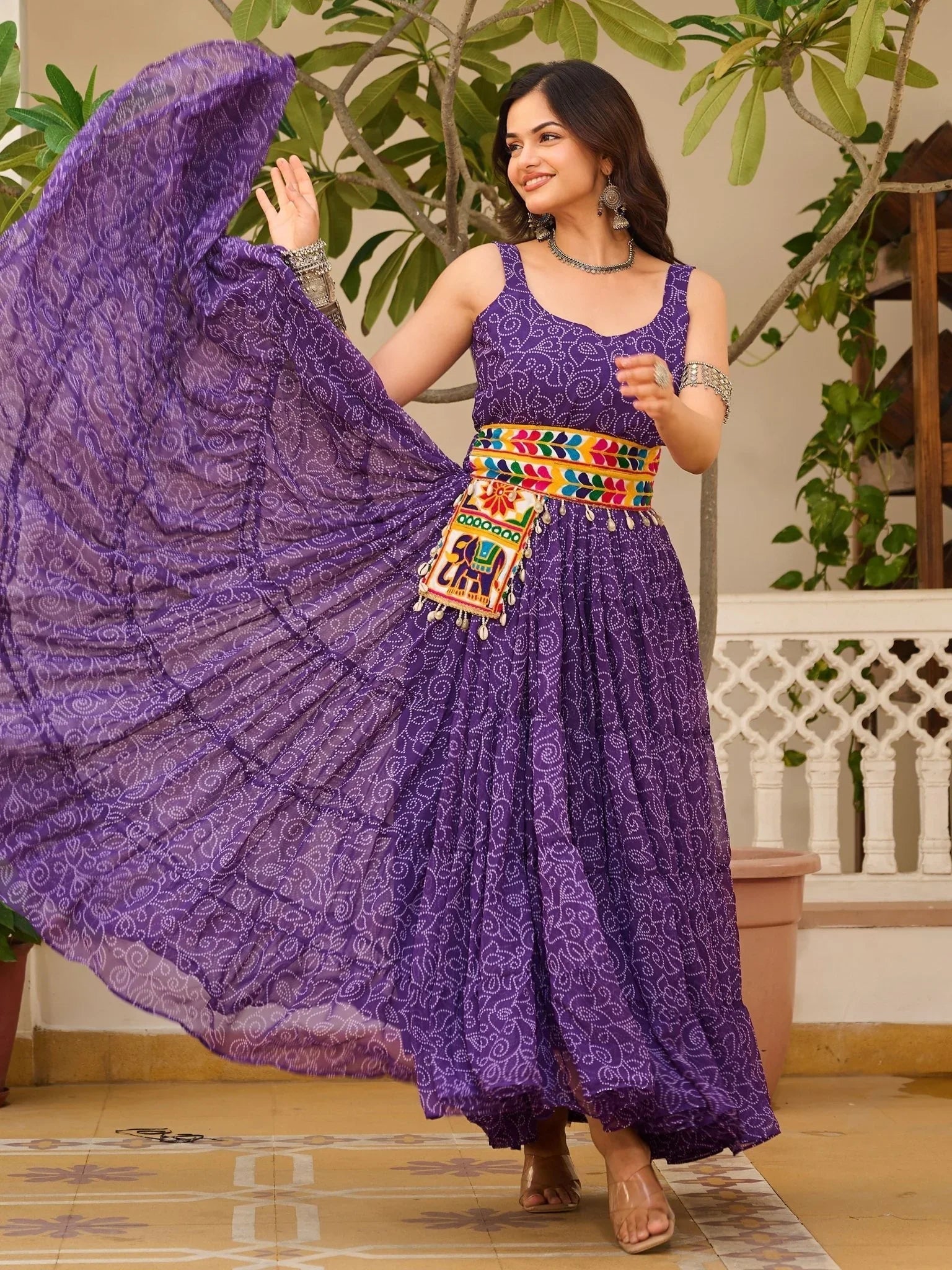 Purple georgette Bandhani print mirror Gamthi work traditional gown