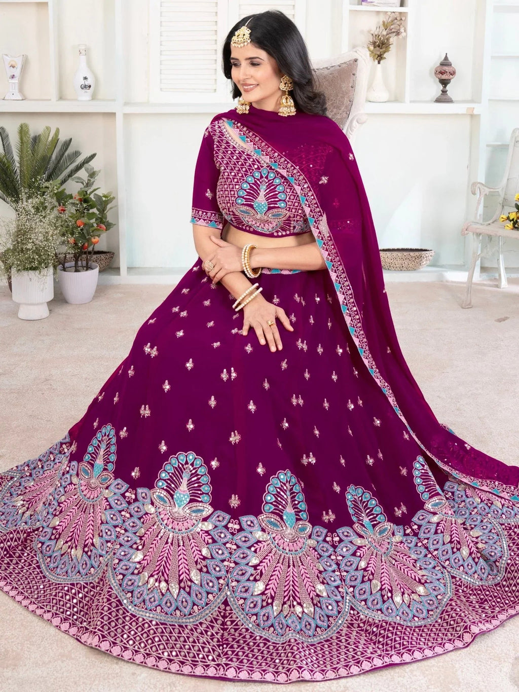 Purple georgette sequins embroidered lehenga choli with dupatta