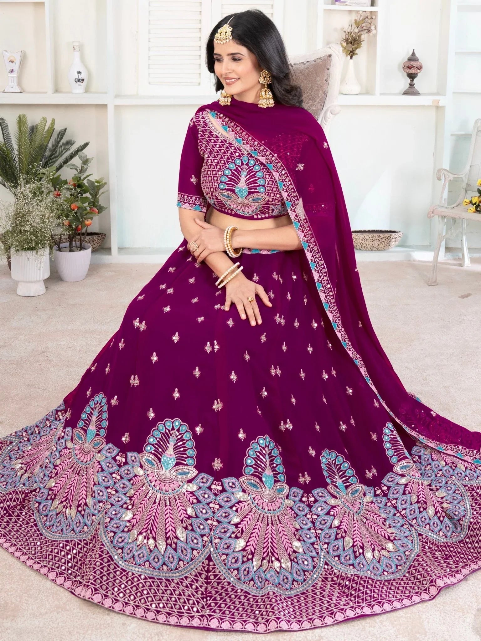 Purple georgette sequins embroidered lehenga choli with dupatta
